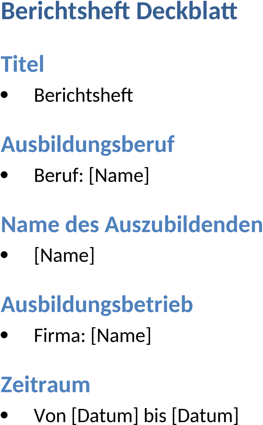 Berichtsheft Deckblatt Word Vorlage