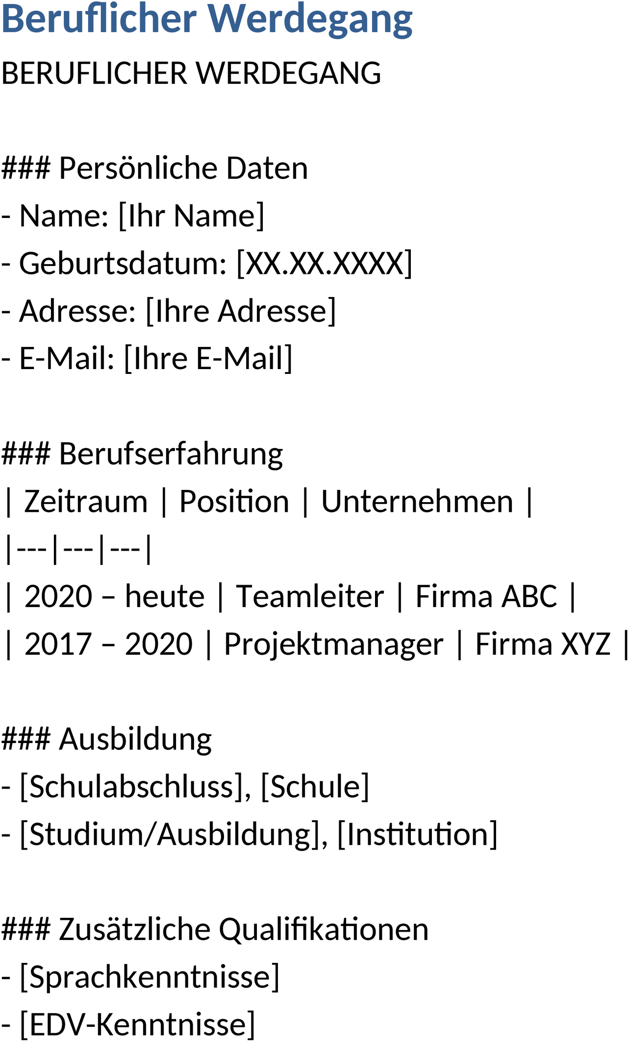 Beruflicher Werdegang im Word-Format