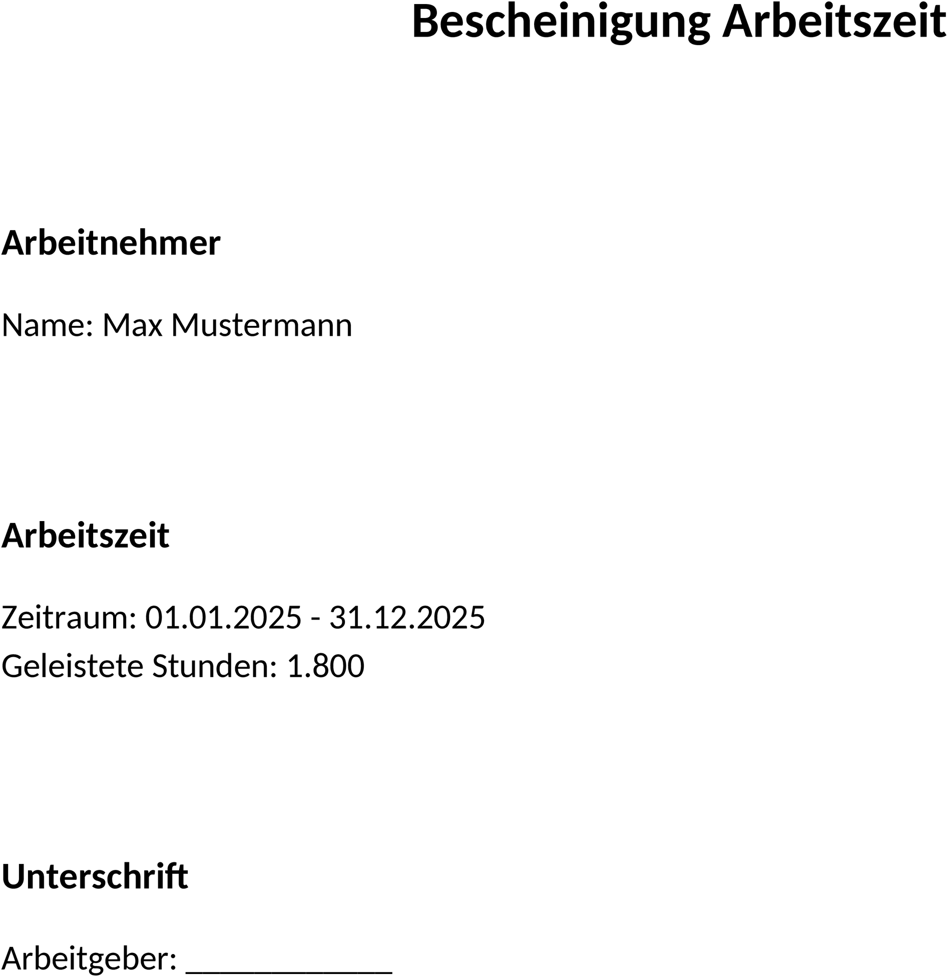 Bescheinigung Arbeitszeit Vorlage