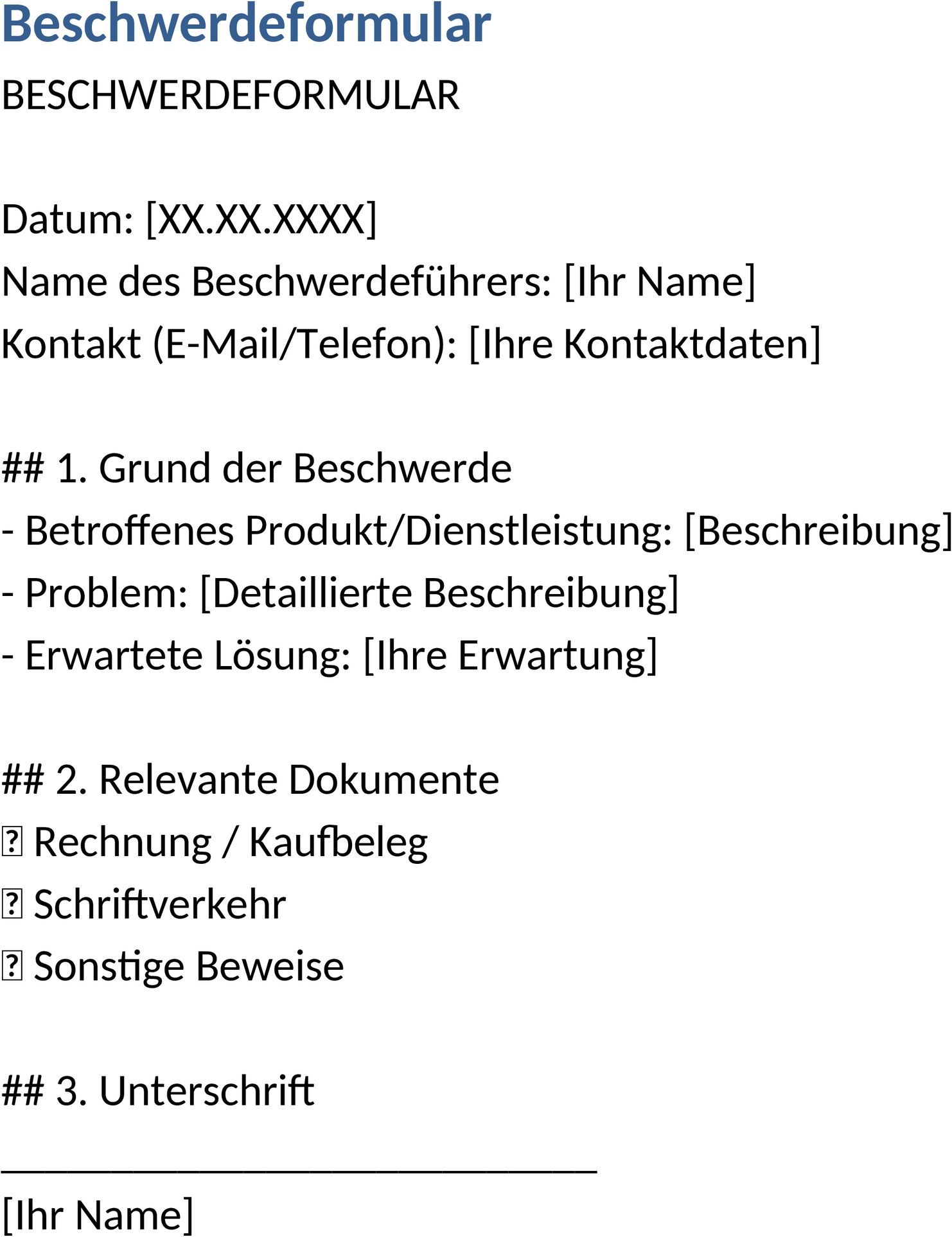 Beschwerdeformular in Word