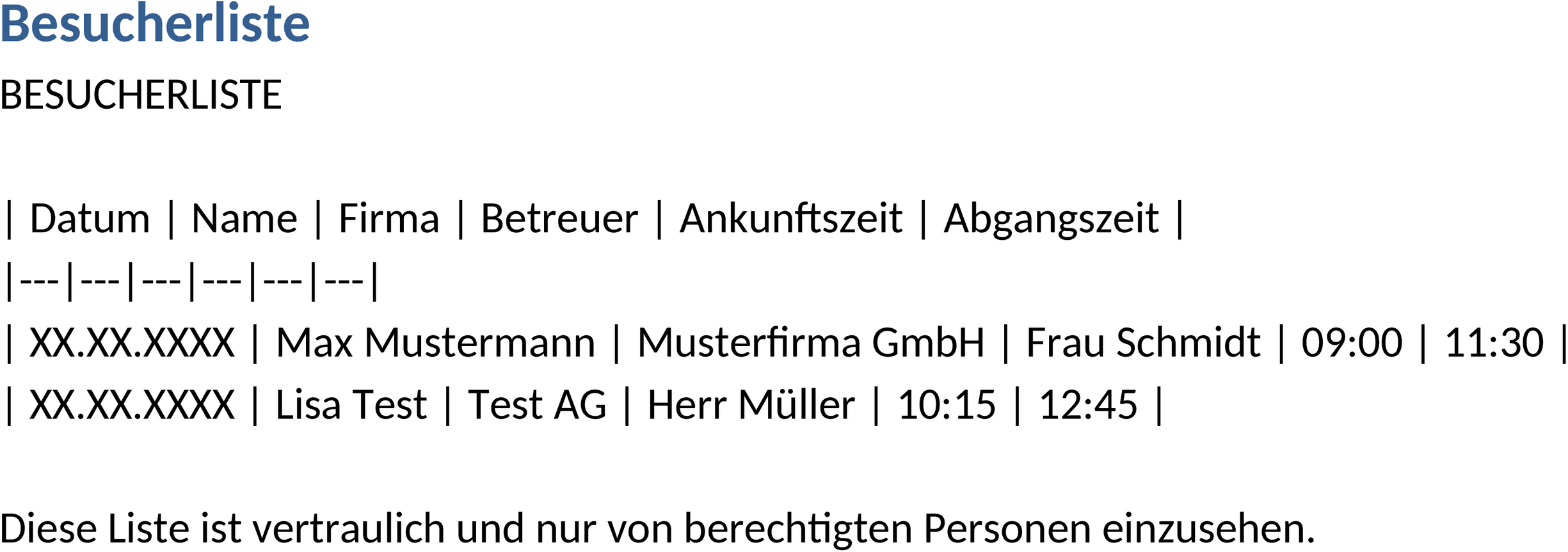 Besucherliste Word-Dokument