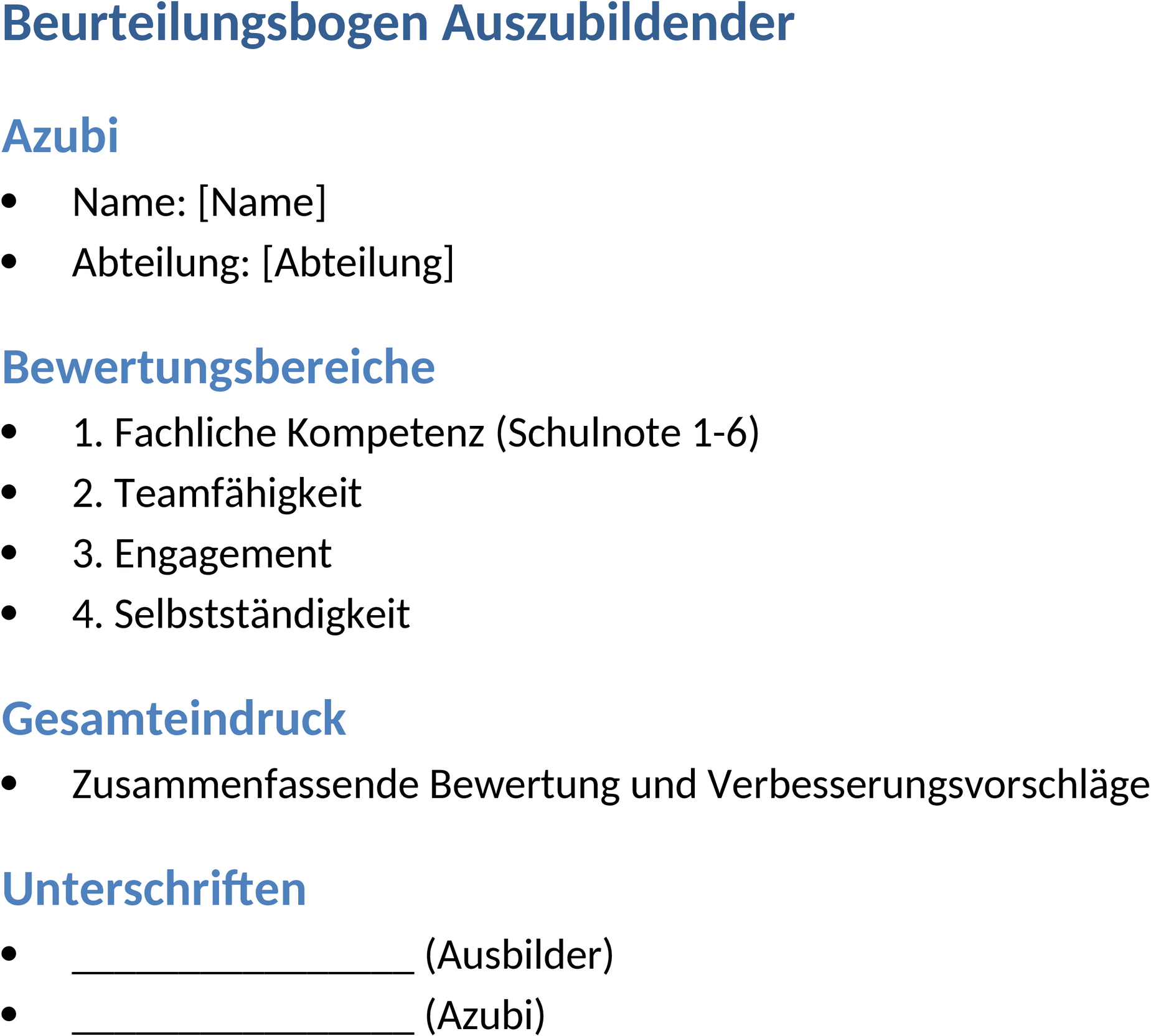 Beurteilungsbogen Azubi Word Template