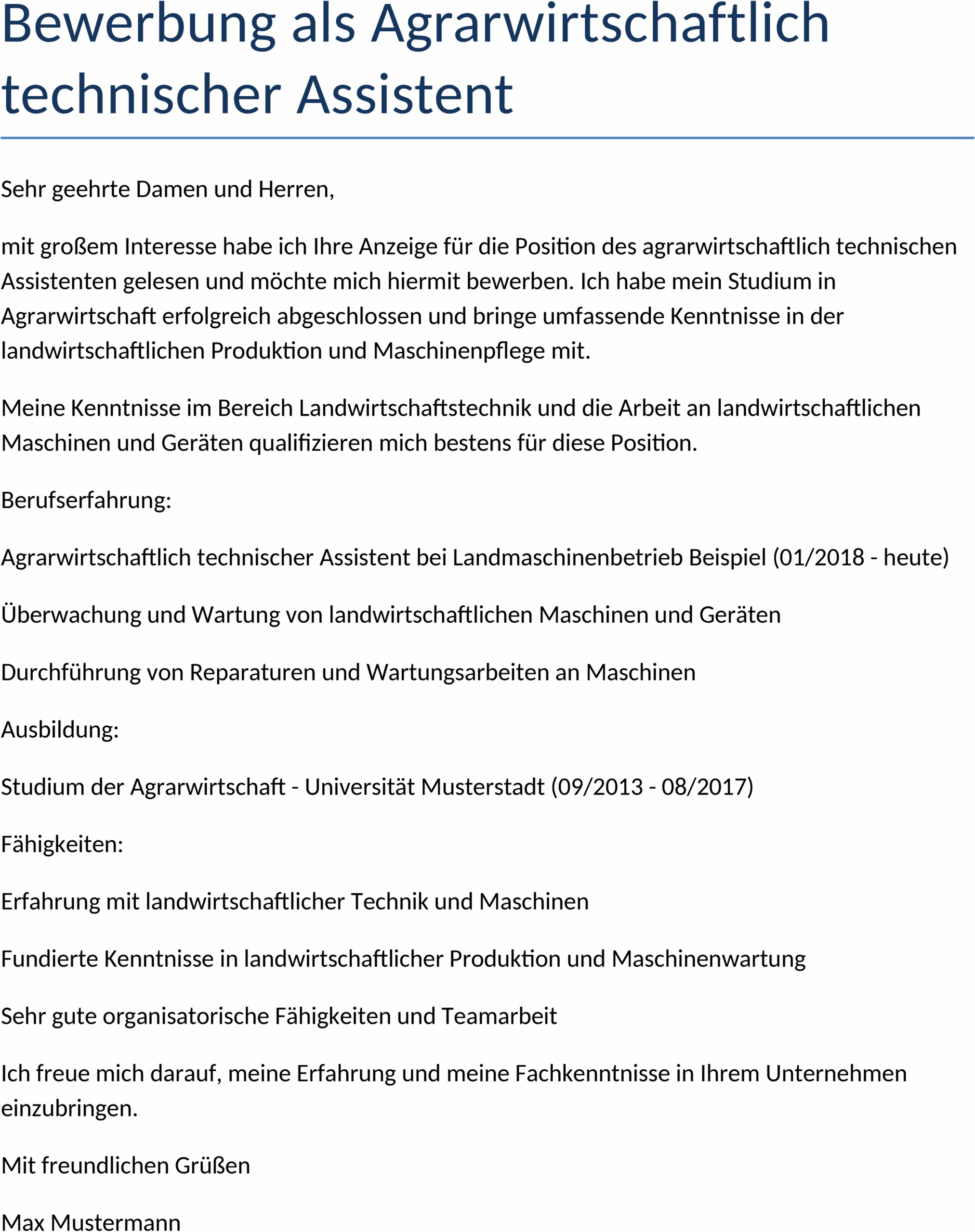 Bewerbung als Agrarwirtschaftlich Technischer Assistent Vorlage
