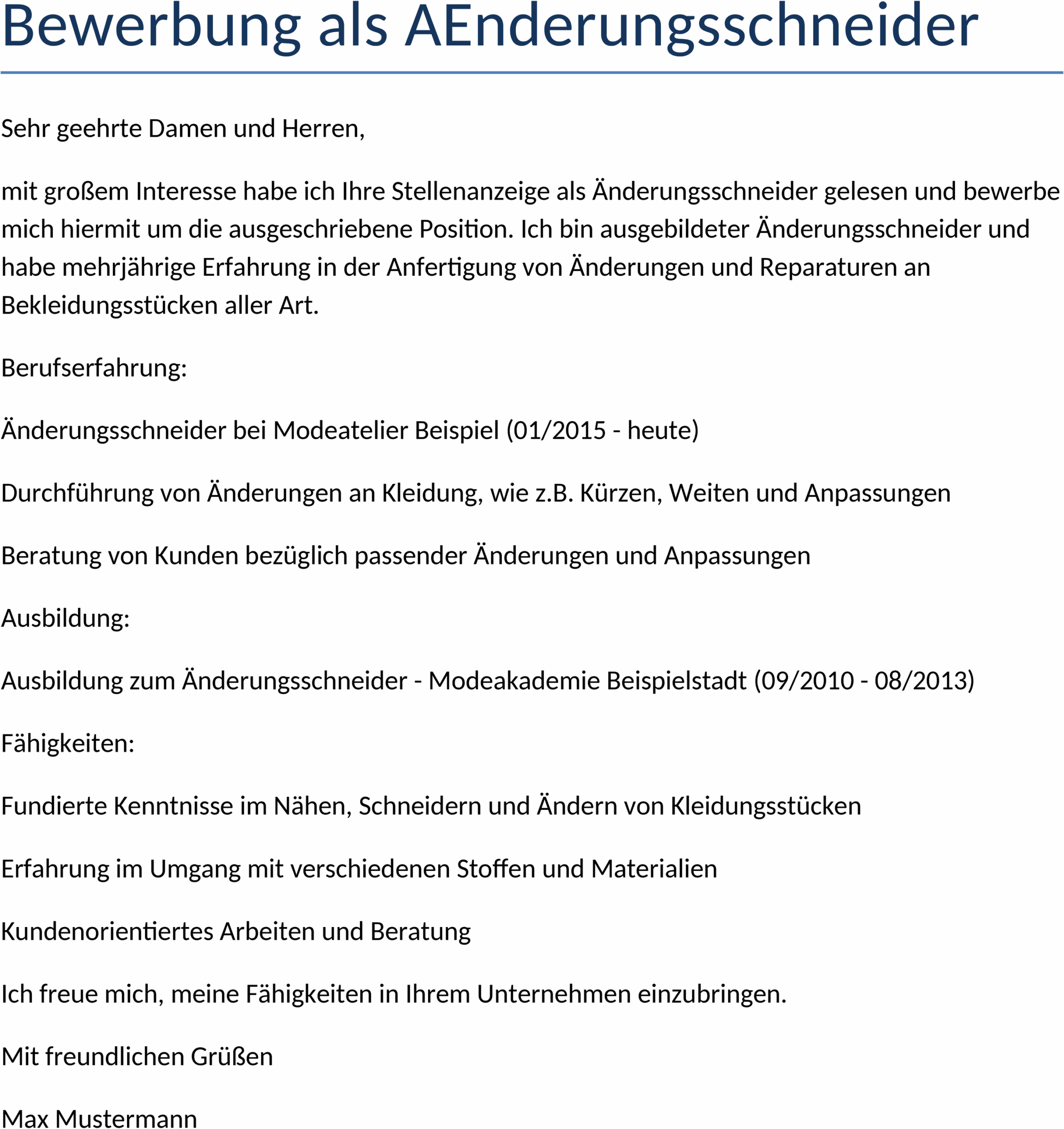 Bewerbungsvorlage für Änderungsschneider