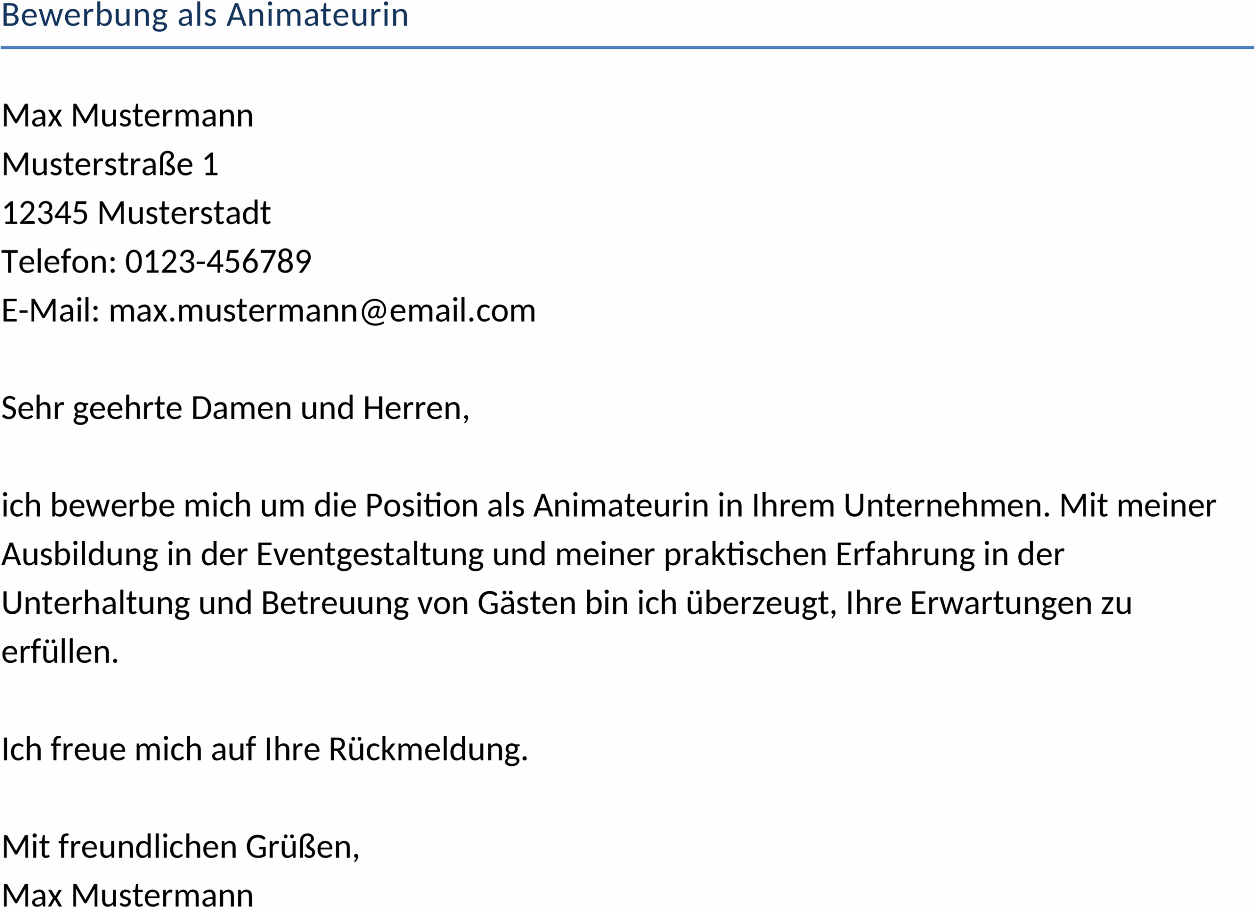 Bewerbung als Animateurin Word