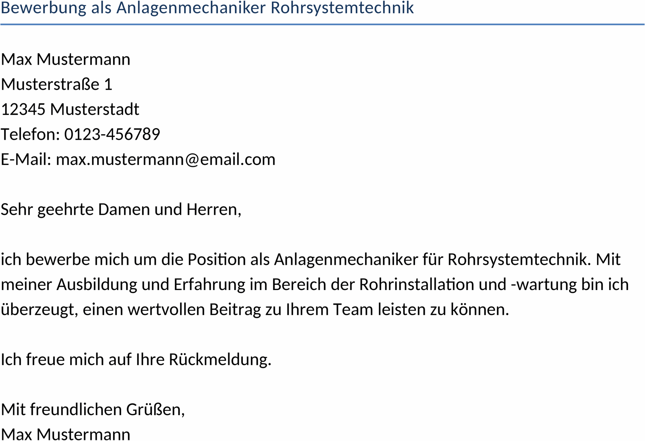 Bewerbungsvorlage für Anlagenmechaniker in Rohrsystemtechnik