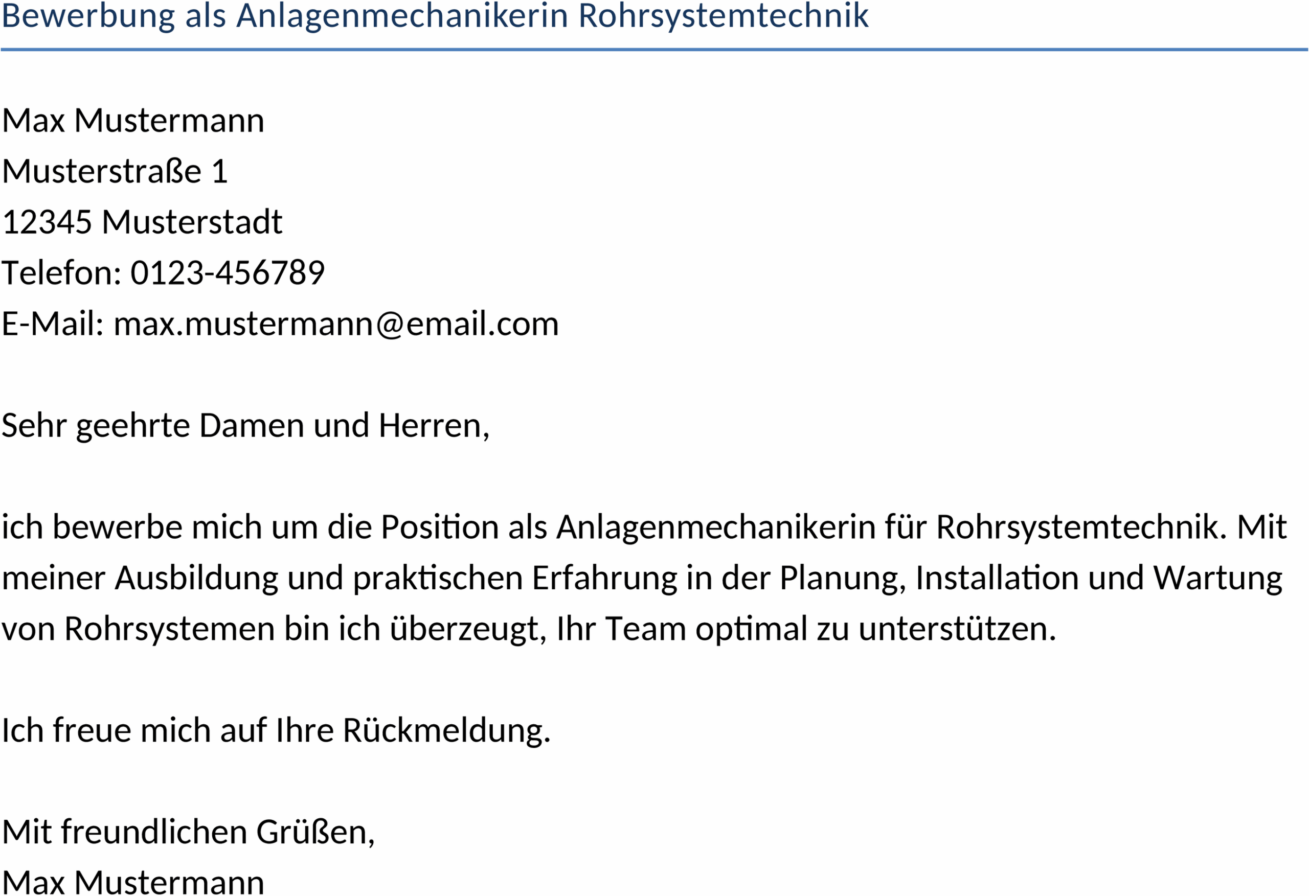 Bewerbung als Anlagenmechanikerin Rohrsystemtechnik Word Vorlage