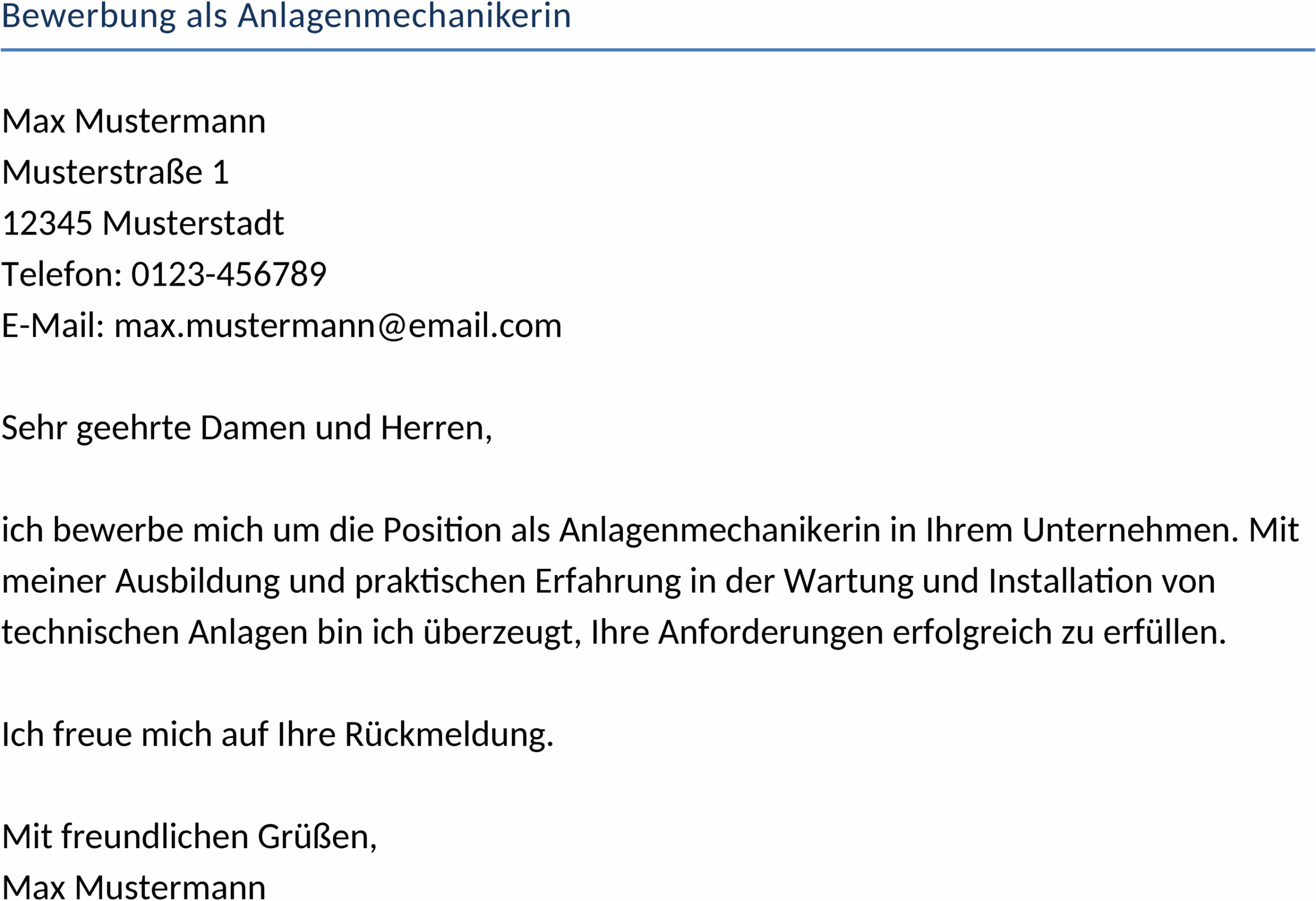 Word-Vorlage Bewerbung als Anlagenmechanikerin