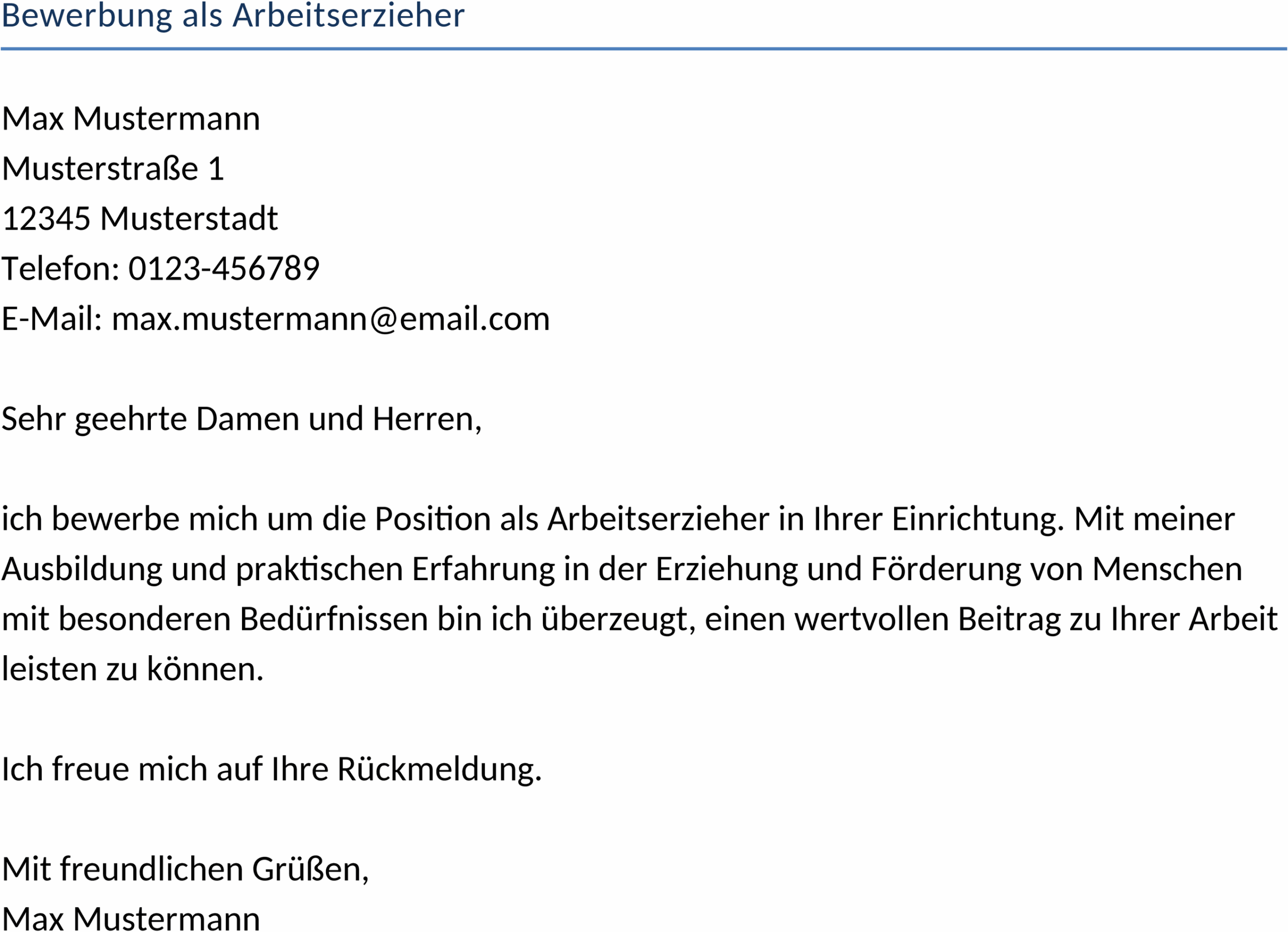 Bewerbungsvorlage als Arbeitserzieher