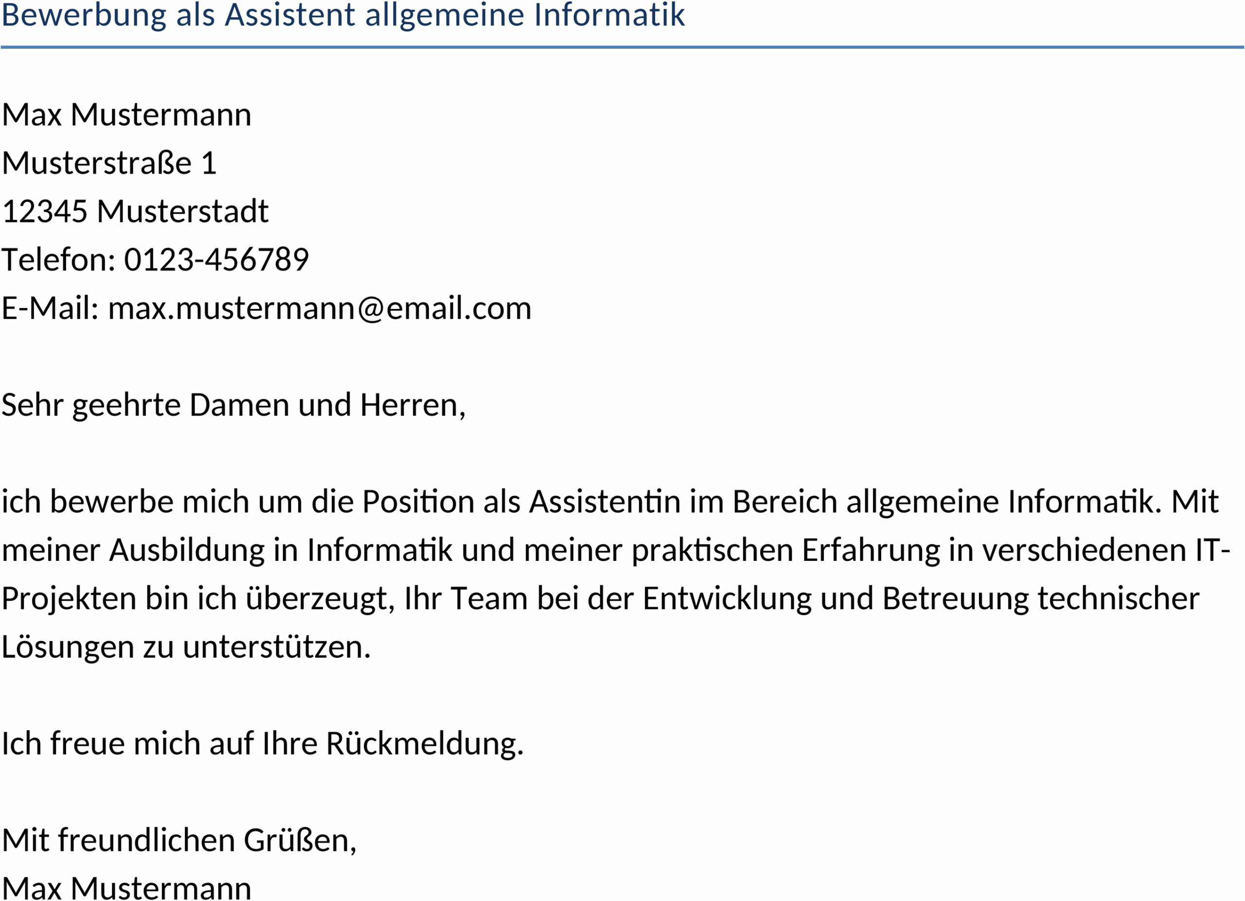 Bewerbungsvorlage als Assistent in der allgemeinen Informatik