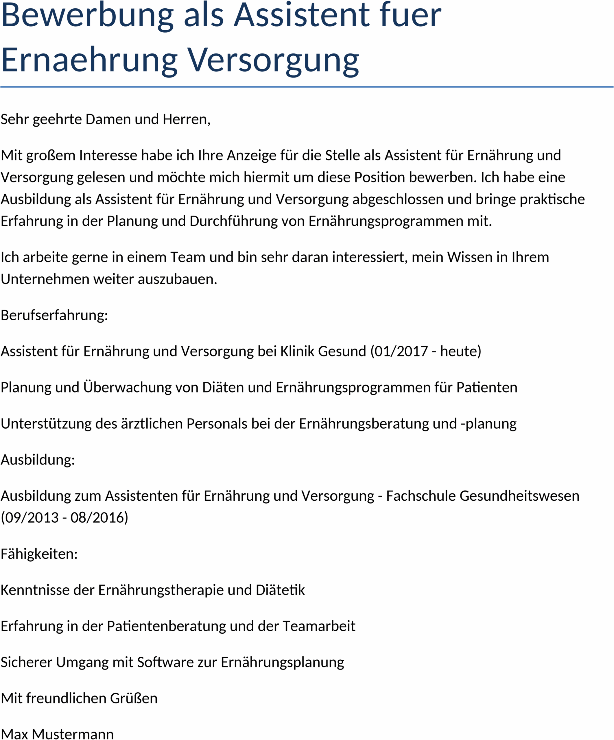 Word-Vorlage Bewerbung als Assistent für Ernährung und Versorgung