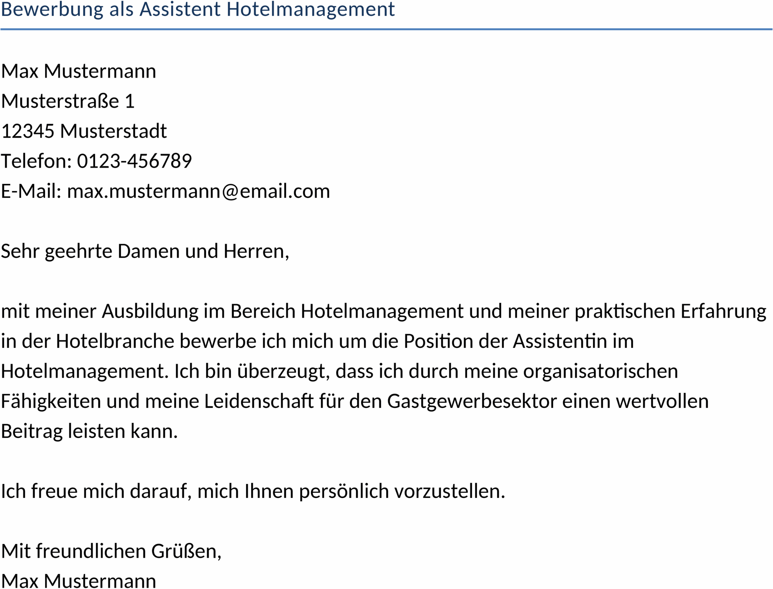Bewerbungsvorlage fur Assistent Hotelmanagement