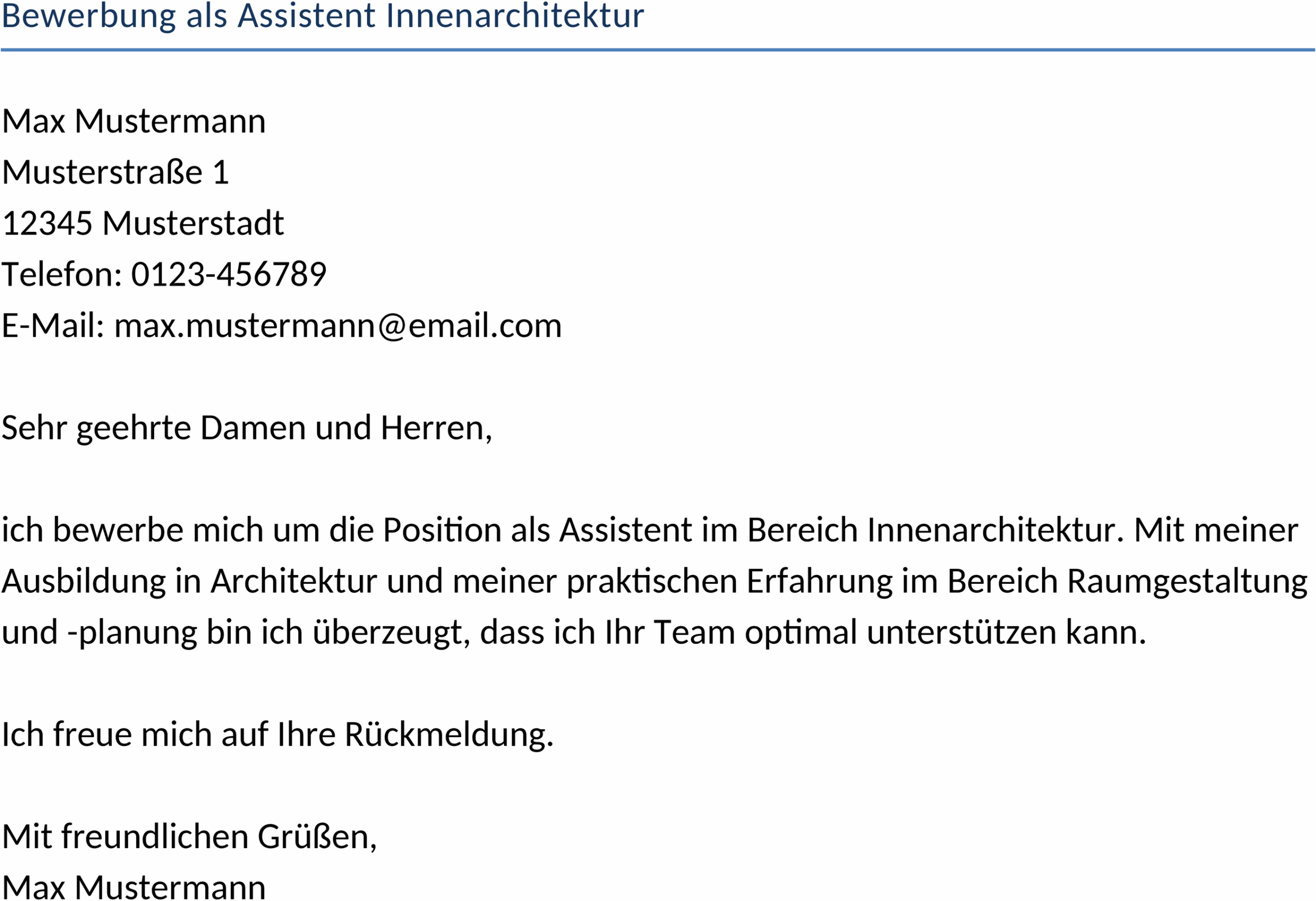Word Vorlage Bewerbung als Assistent Innenarchitektur