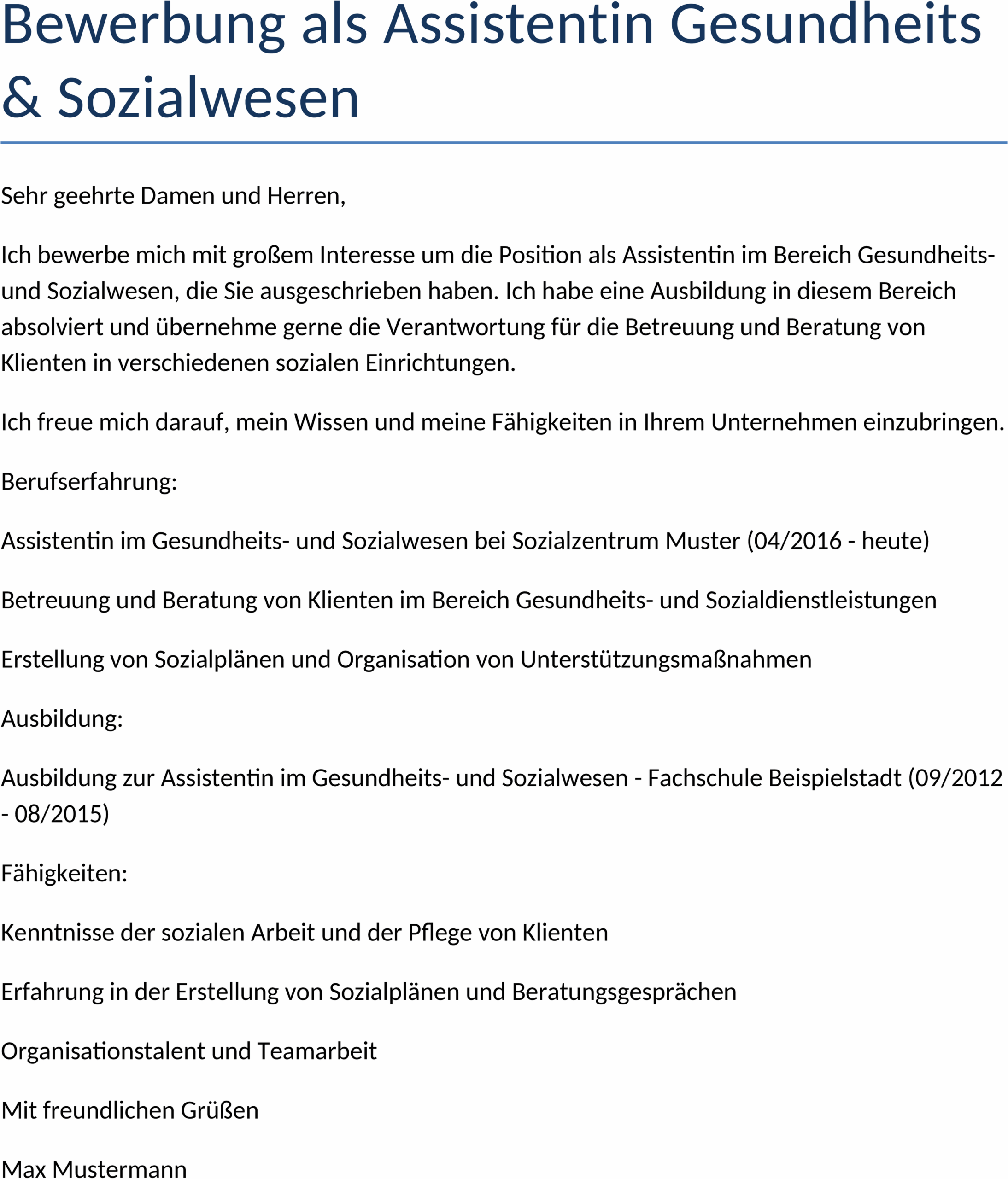 Word-Vorlage für Bewerbung als Assistentin im Gesundheits- und Sozialwesen