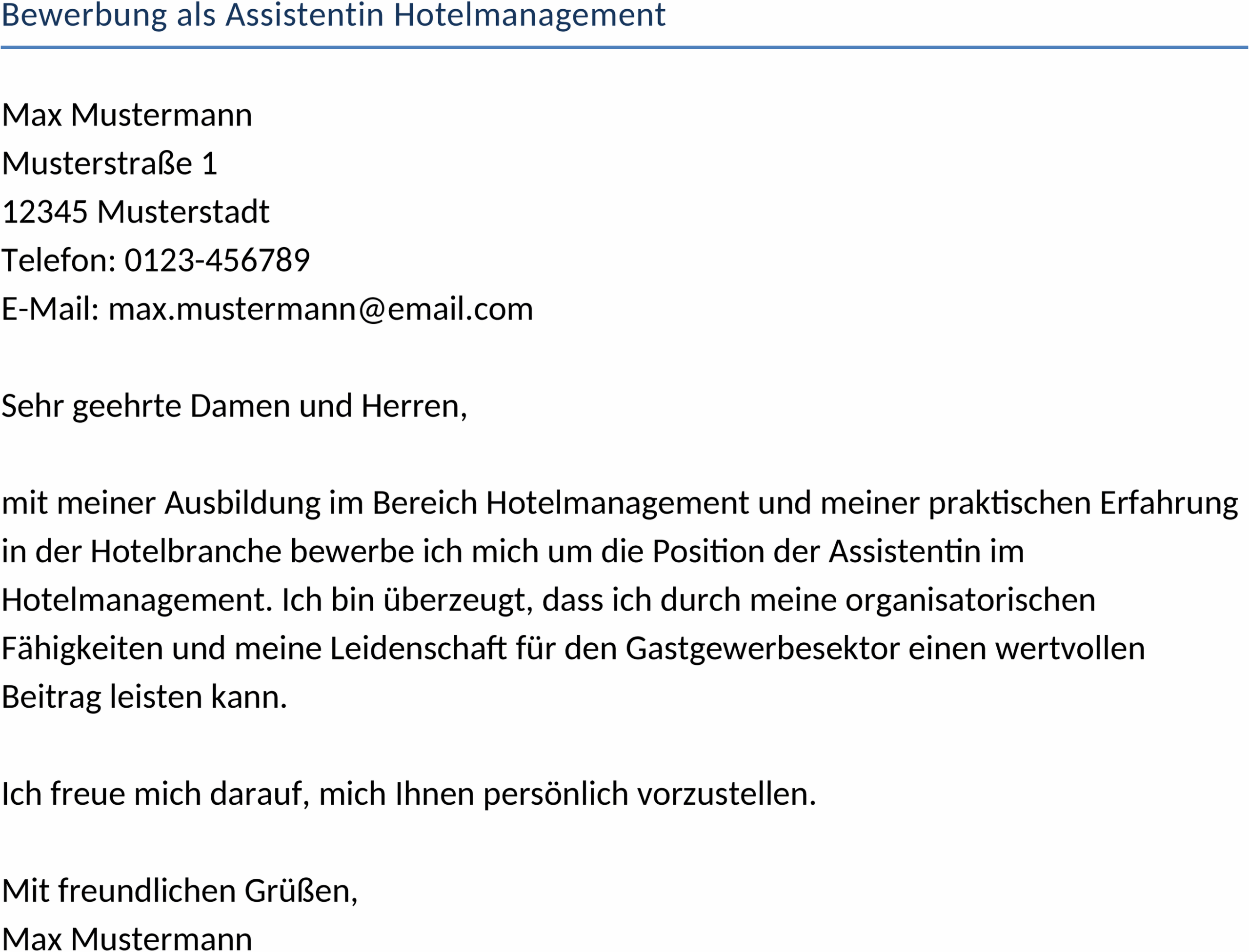 Bewerbungsvorlage Assistentin Hotelmanagement