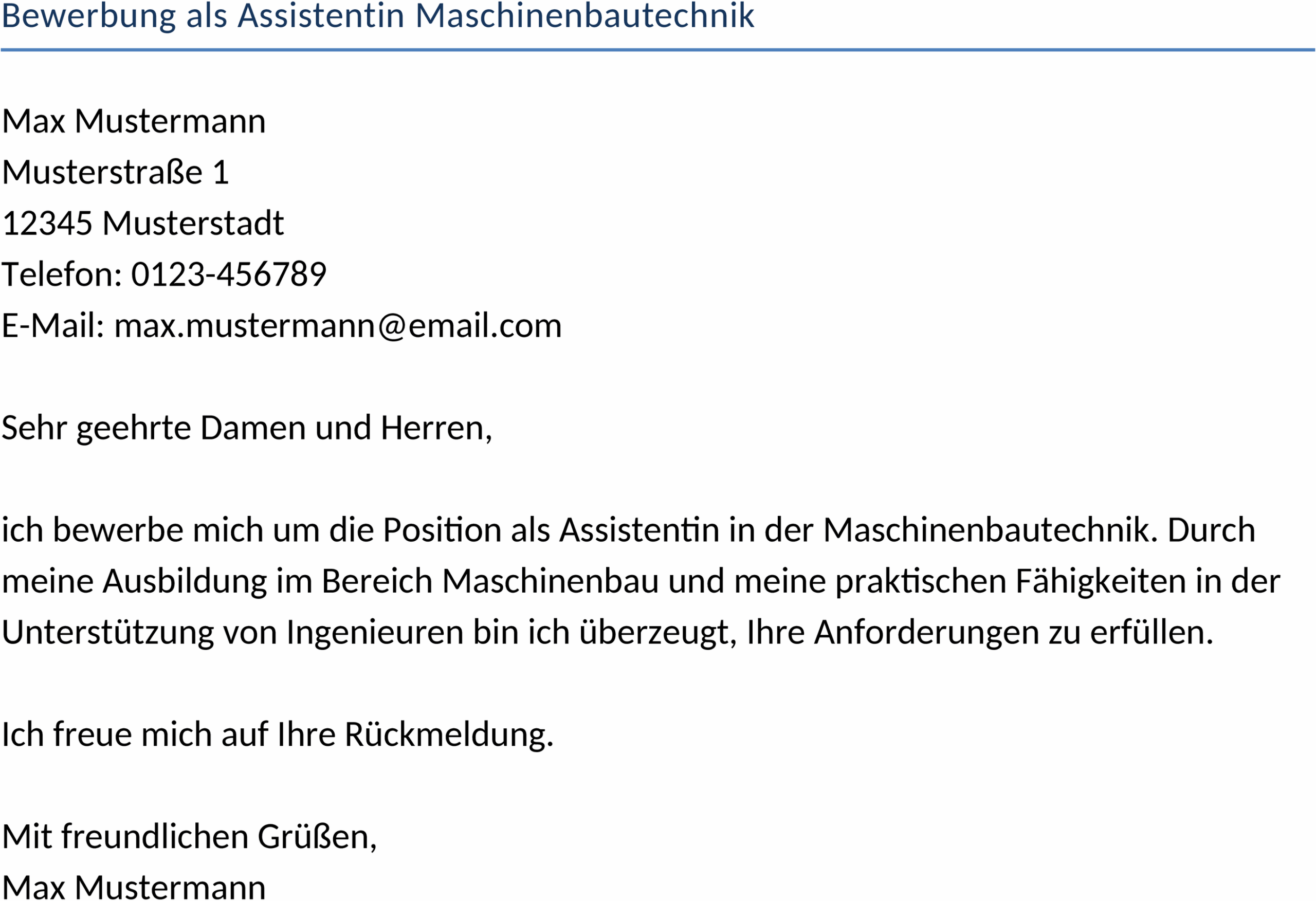 Bewerbung als Assistentin Maschinenbautechnik Word-Dokument