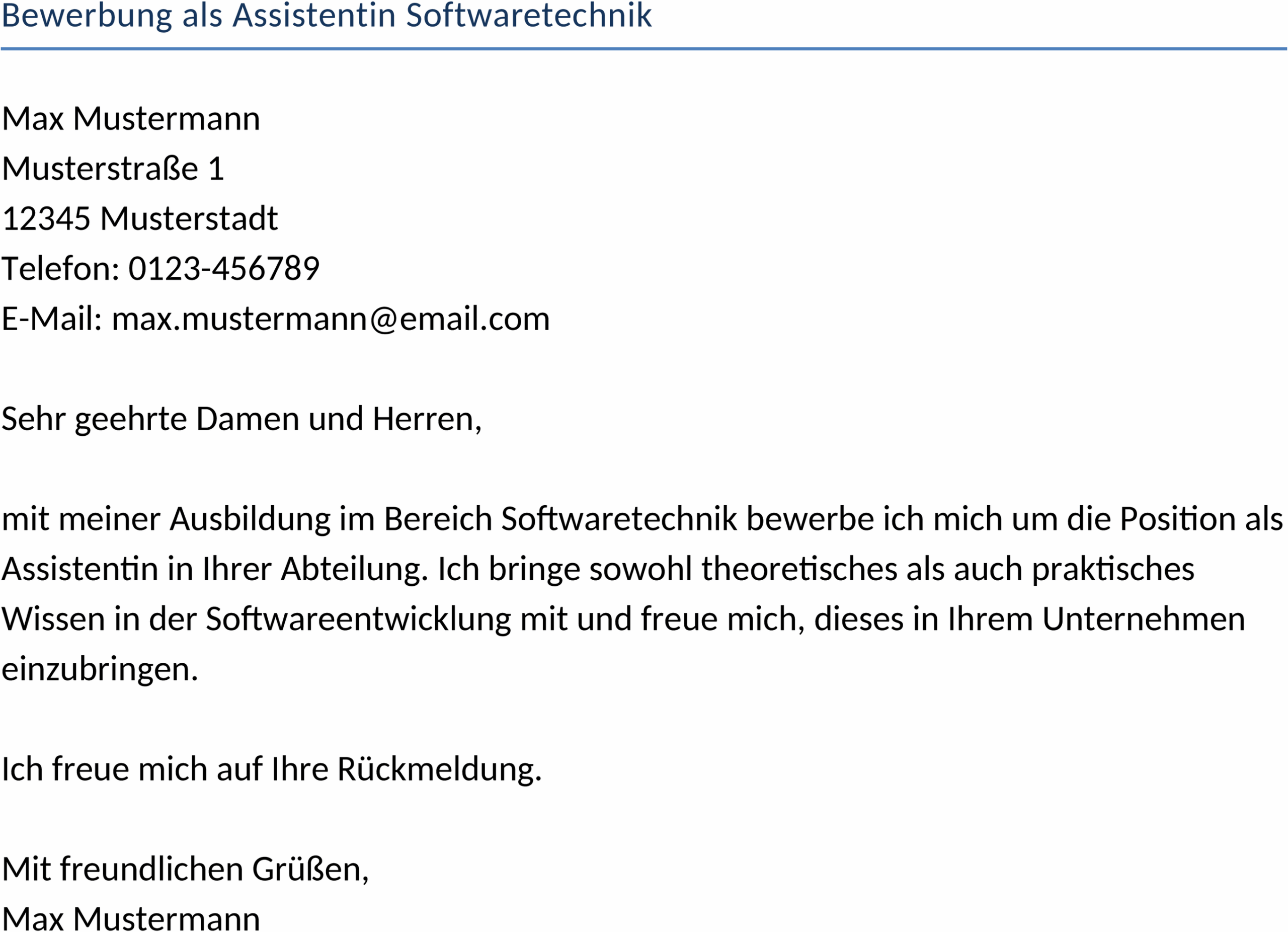 Bewerbungsvorlage für Assistentin Softwaretechnik