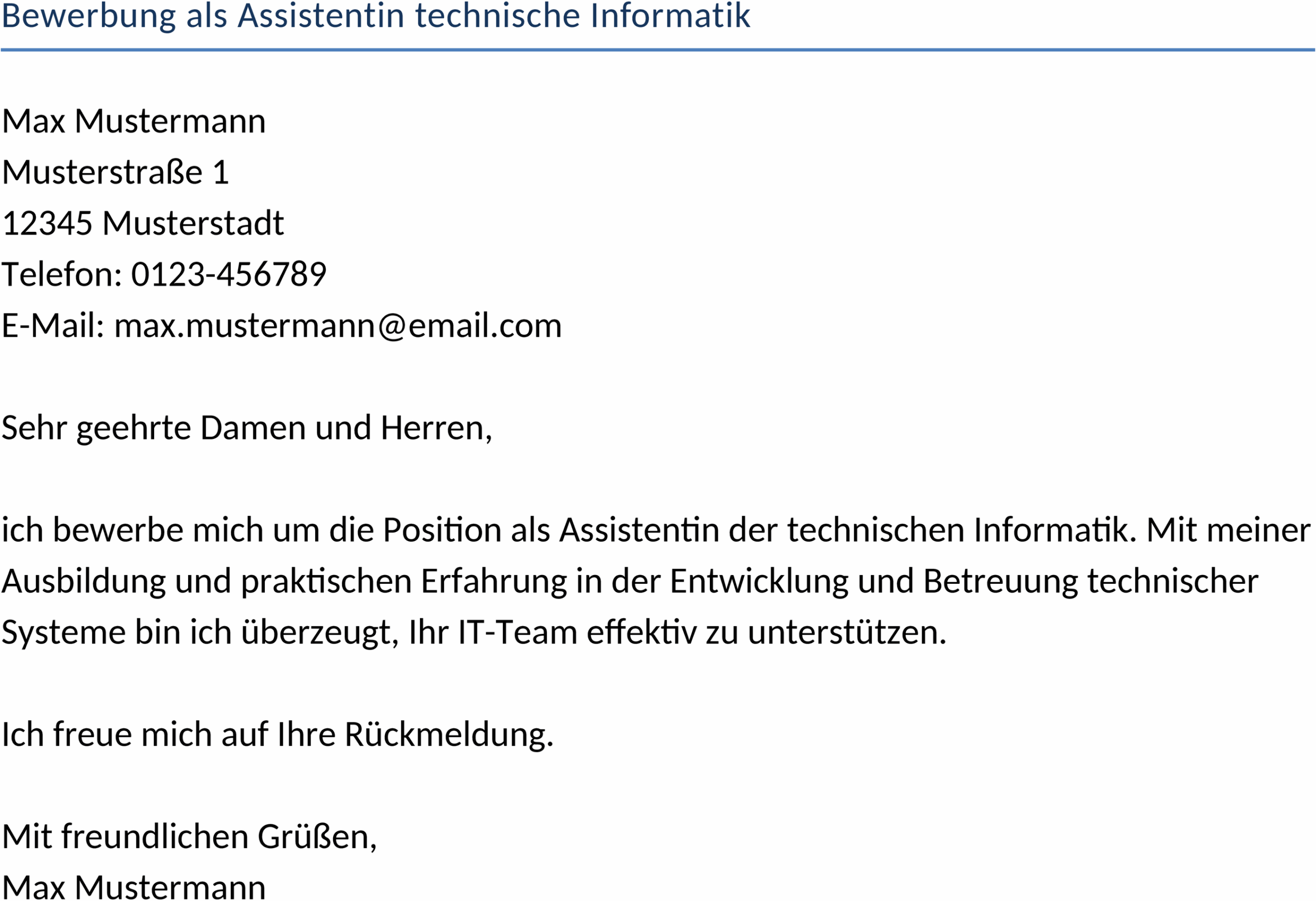 Word-Vorlage Bewerbung als Assistentin technische Informatik