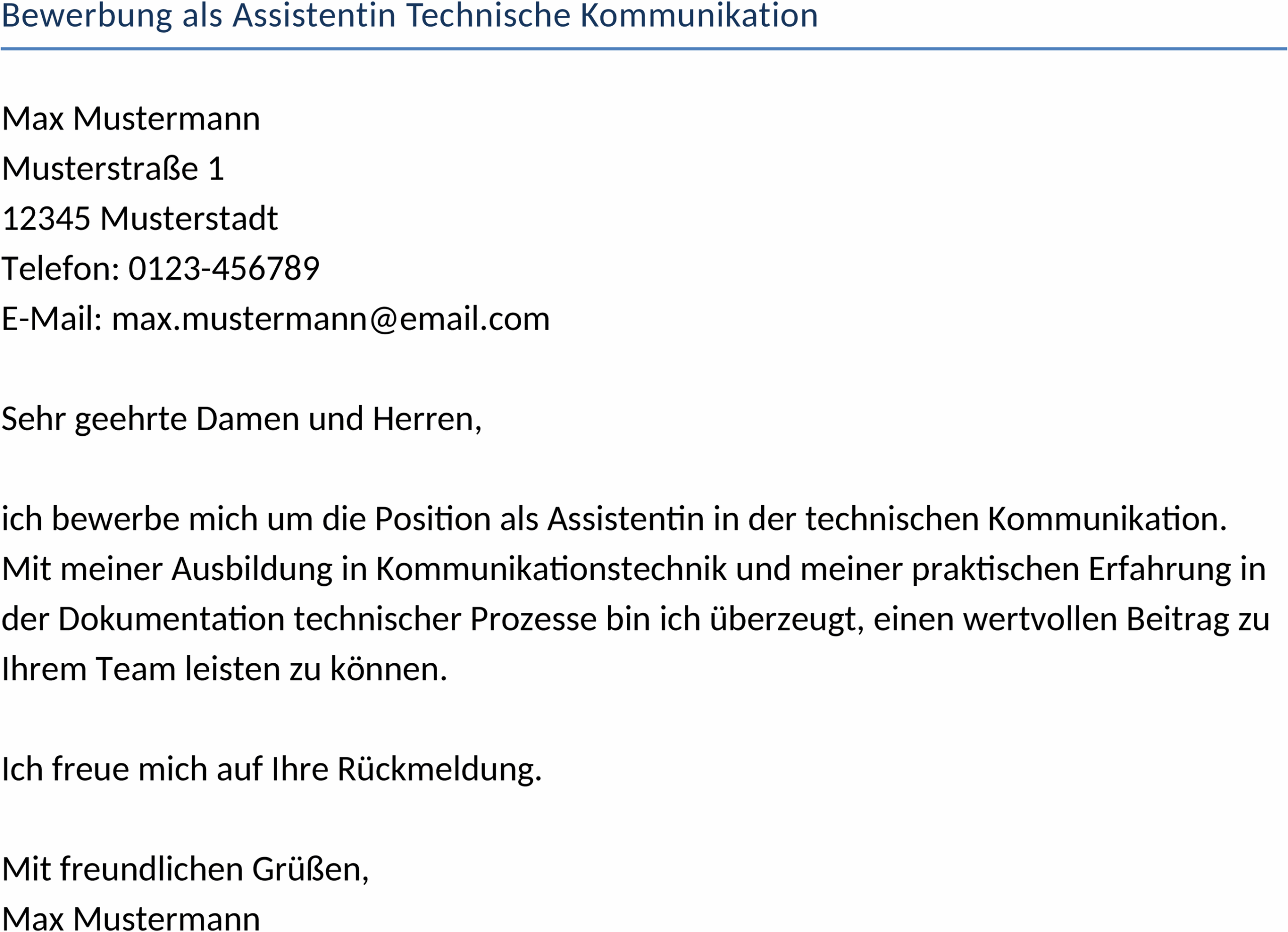 Word-Vorlage Bewerbung als Assistentin Technische Kommunikation