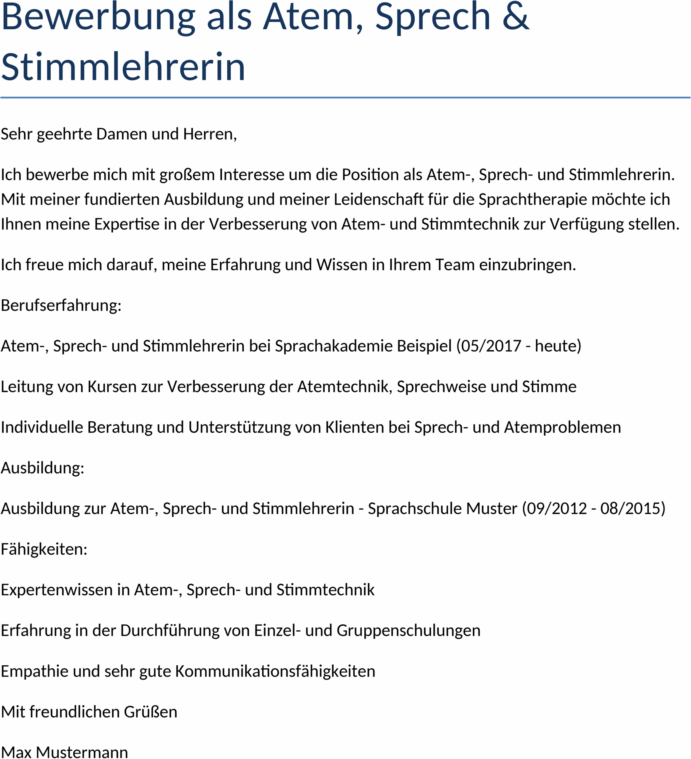Bewerbungsvorlage als Atem-, Sprech- und Stimmlehrerin