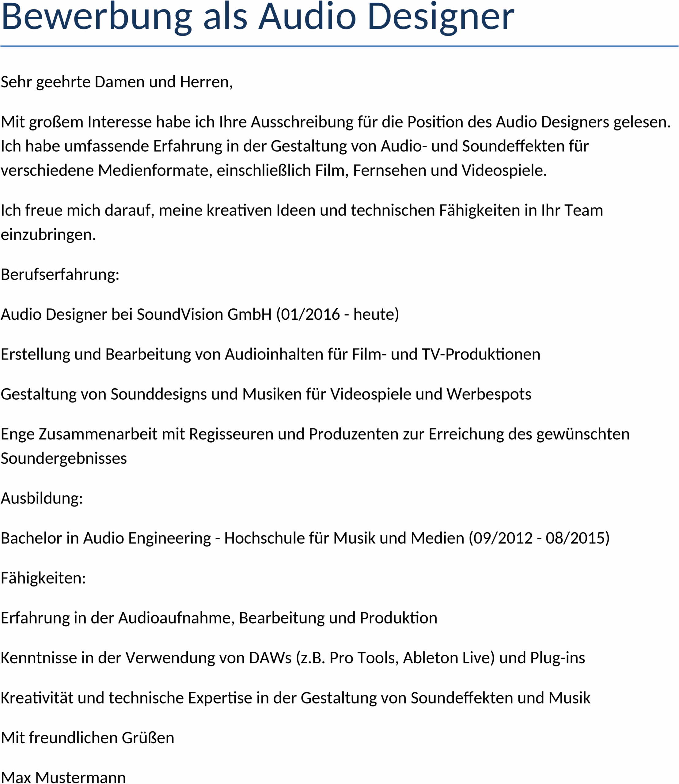 Bewerbungsvorlage als Audio Designer