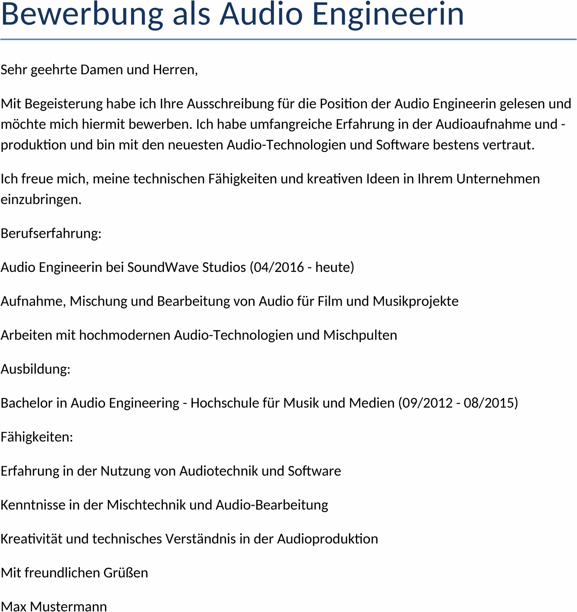 Word Vorlage Bewerbung als Audio Engineer