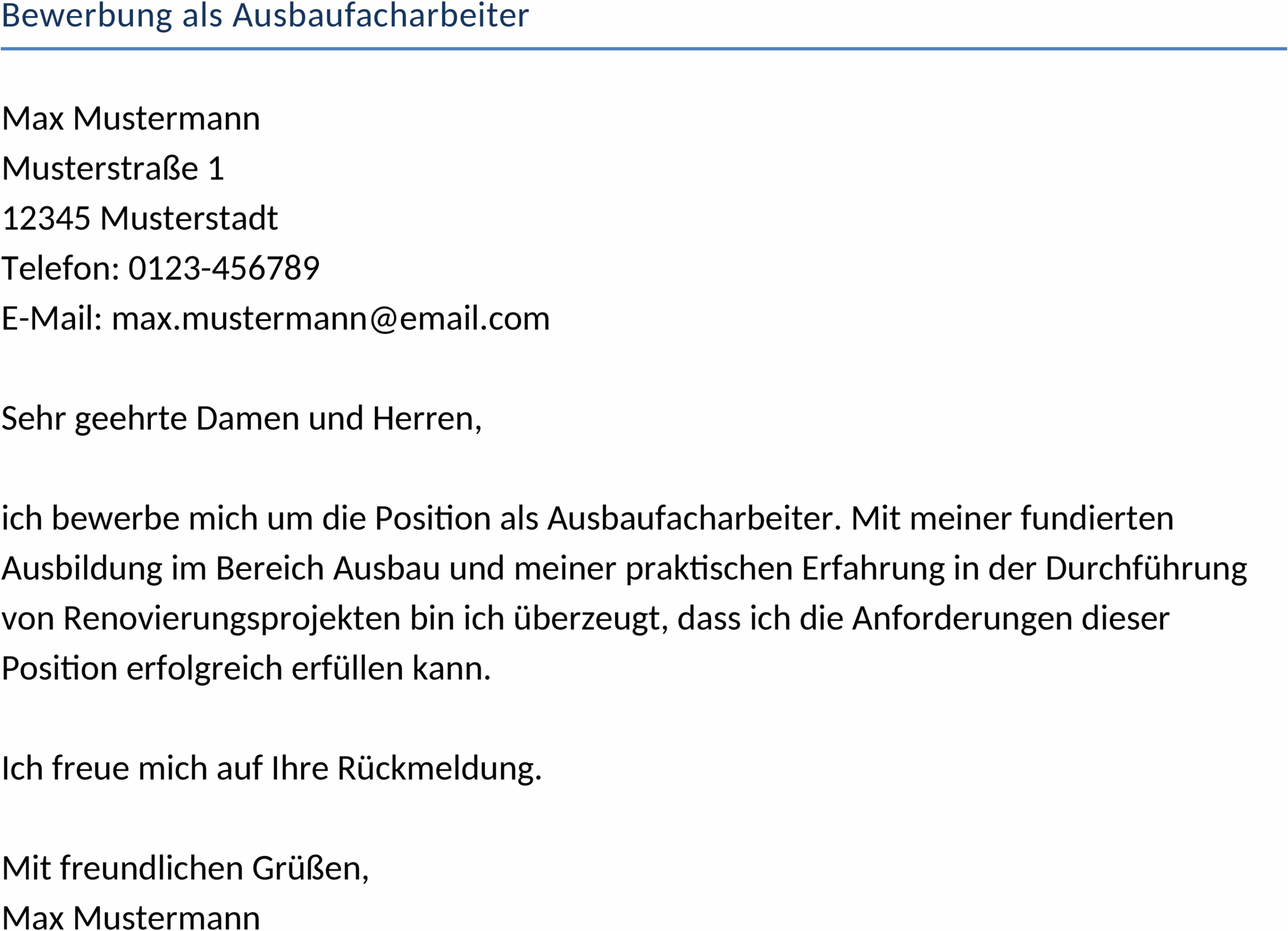 Bewerbungsvorlage als Ausbaufacharbeiter