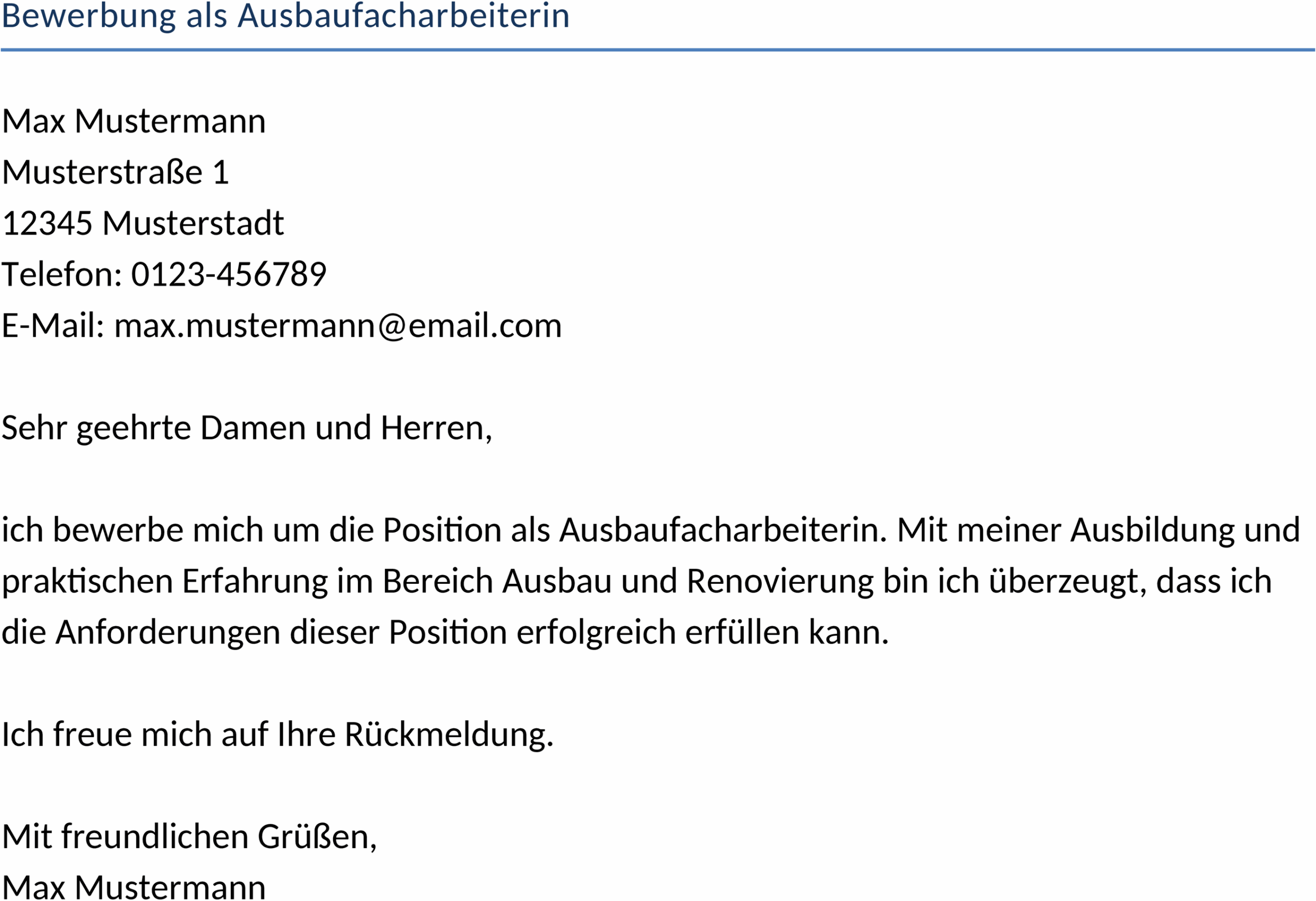Bewerbungsvorlage als Ausbaufacharbeiterin im DOCX-Format