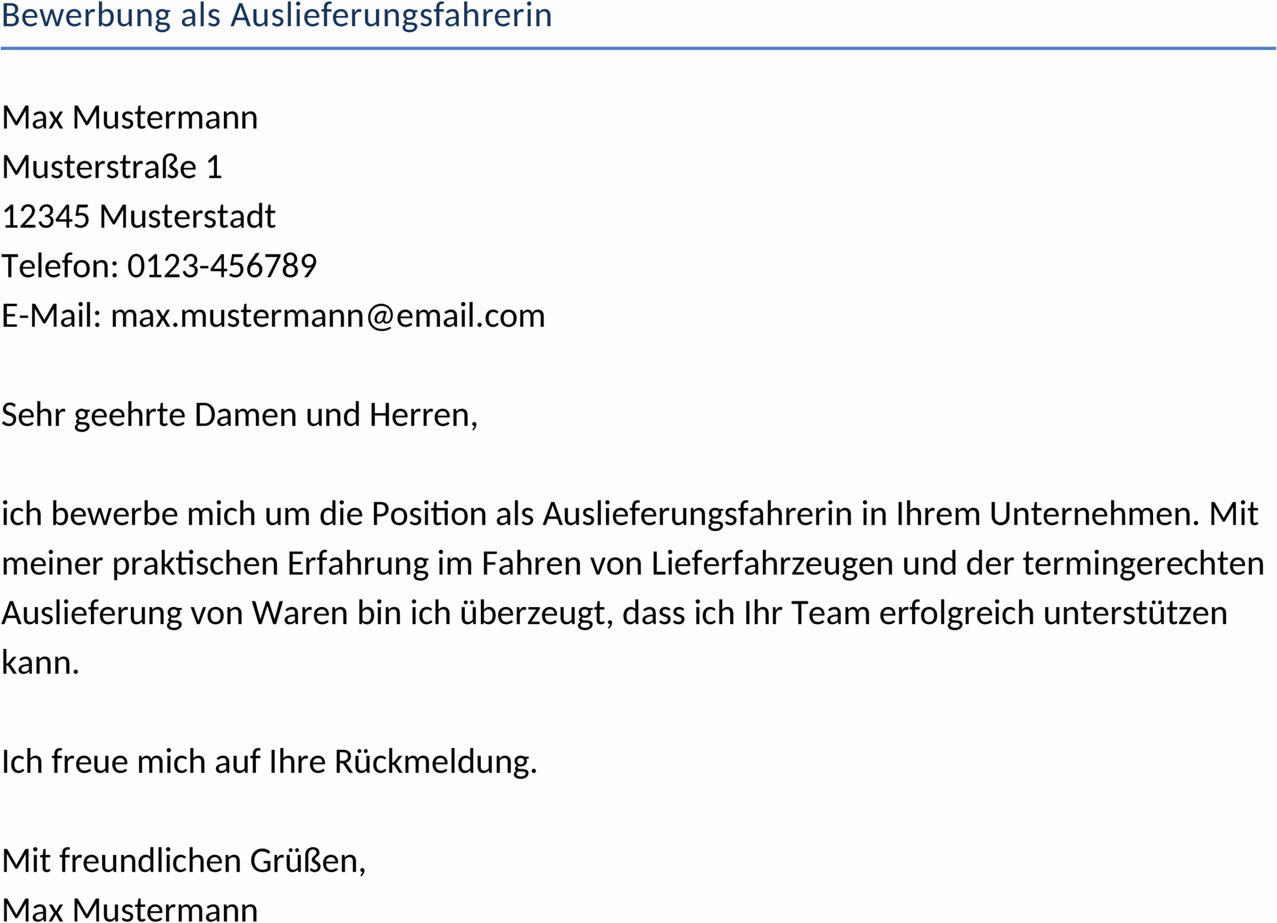 Word-Vorlage Bewerbung als Auslieferungsfahrerin