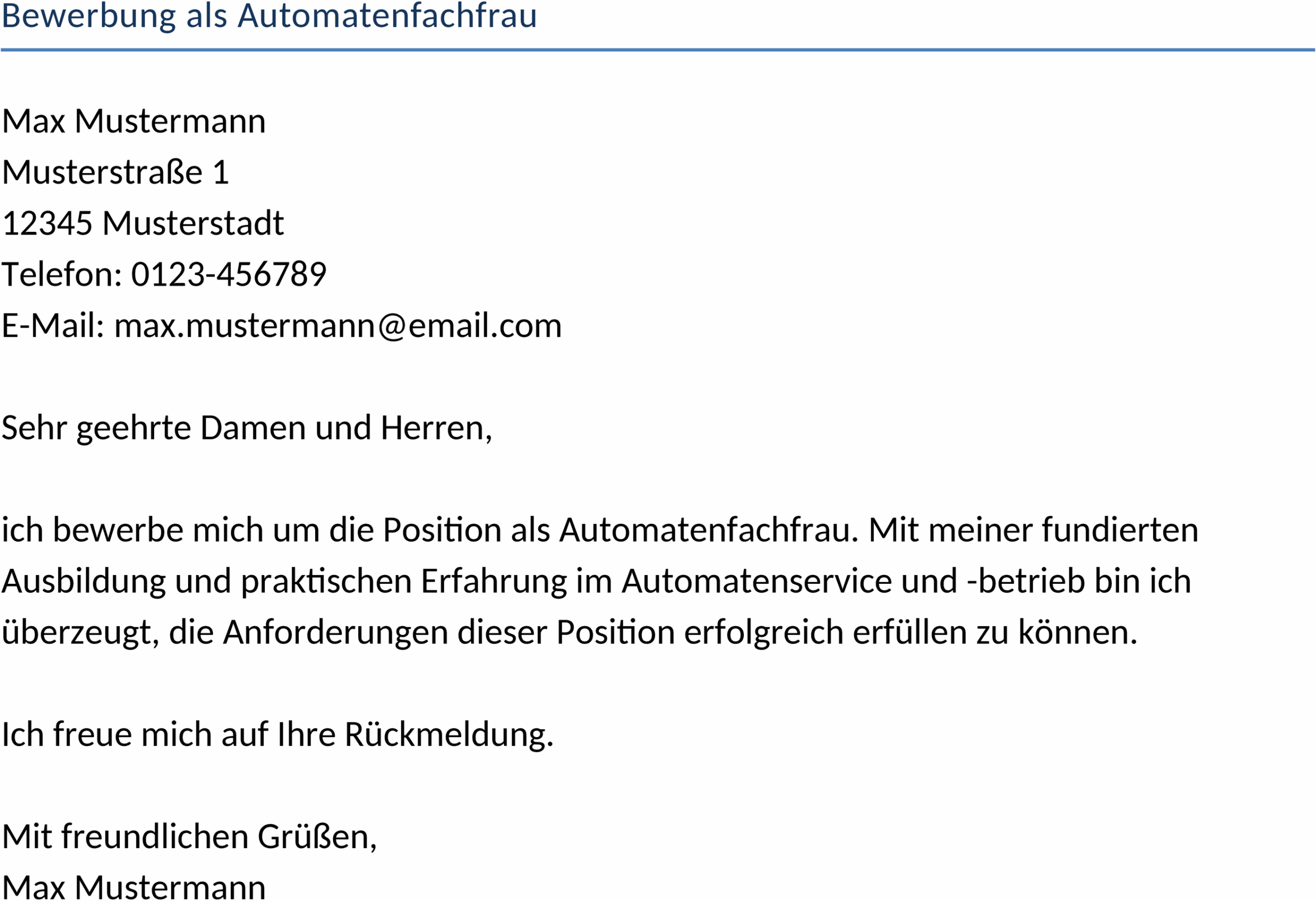 Bewerbungsvorlage als Automatenfachfrau