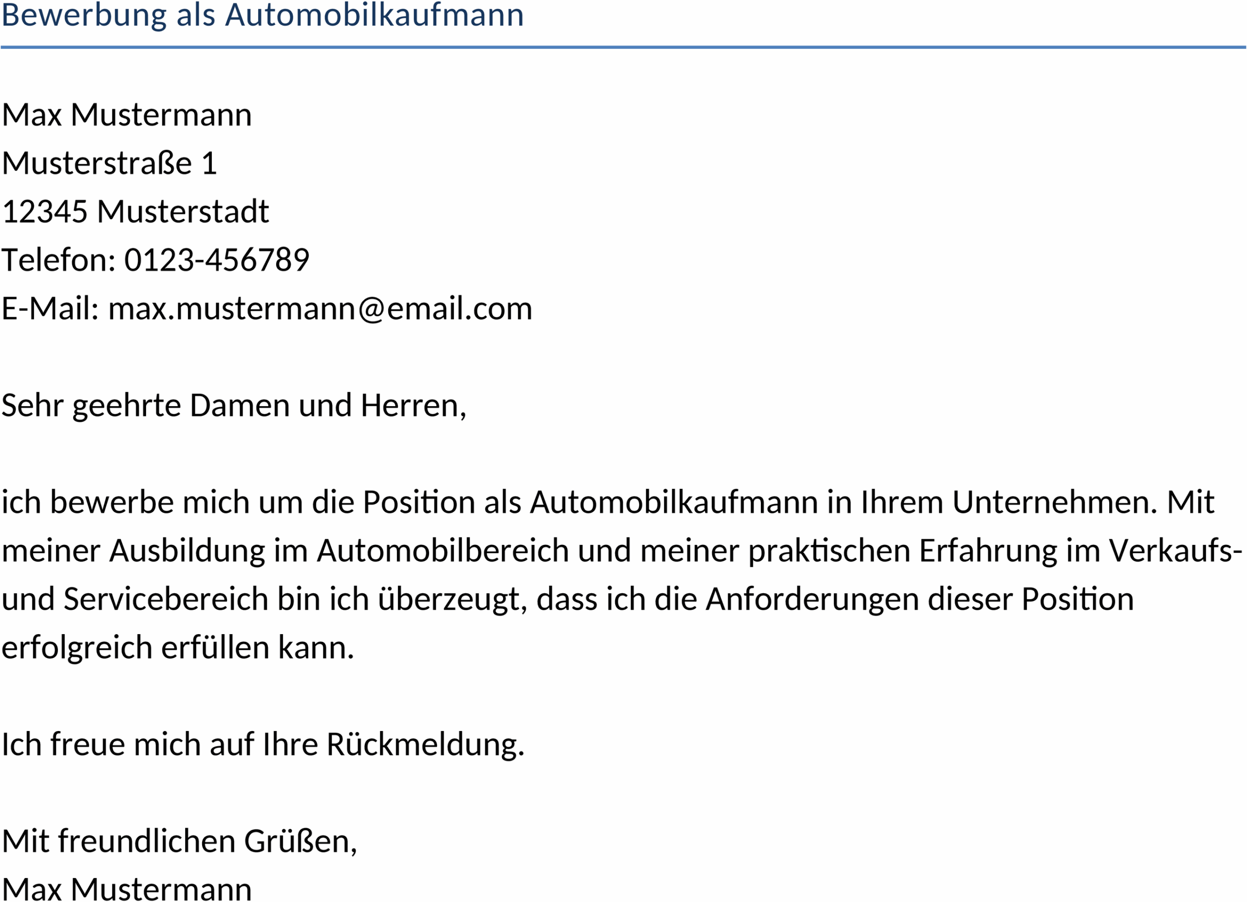 Word-Vorlage Bewerbung als Automobilkaufmann