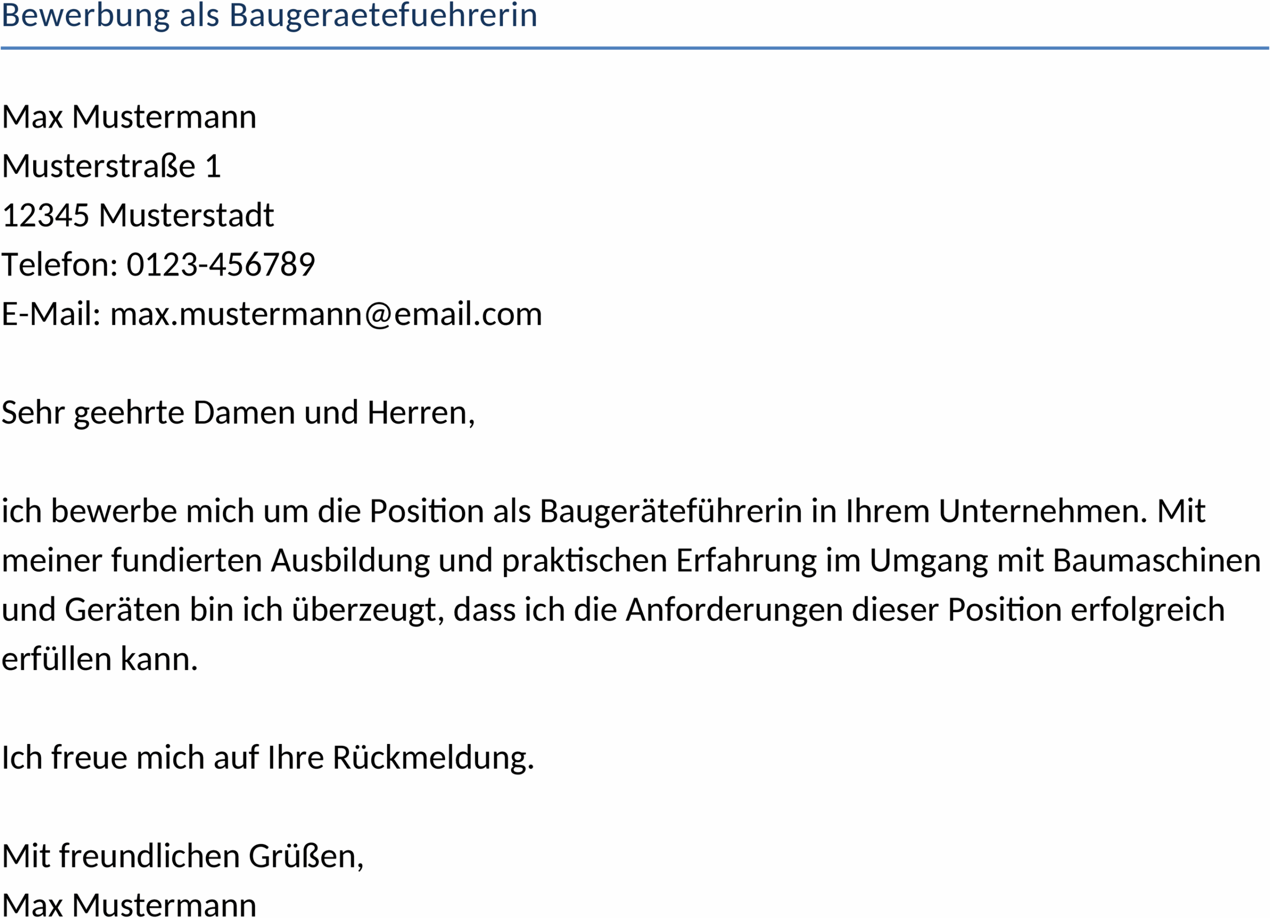 Word-Vorlage für Bewerbung als Baugeräteführerin