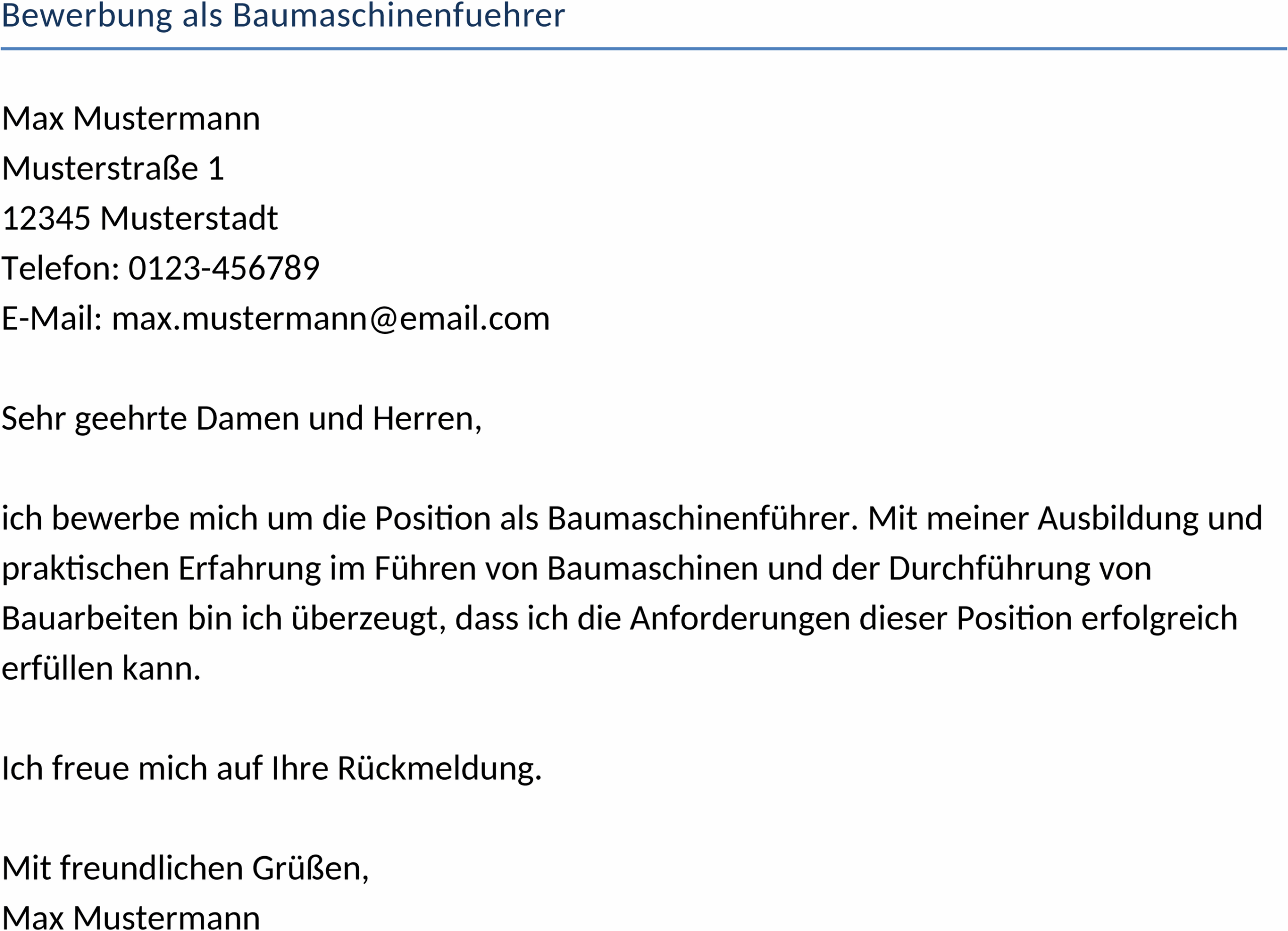 Word Vorlage Bewerbung als Baumaschinenführer