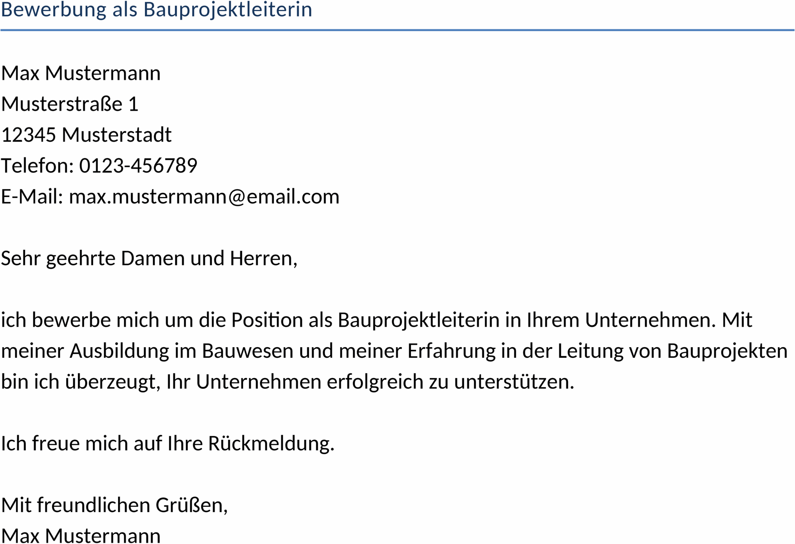 Bewerbungsvorlage als Bauprojektleiterin