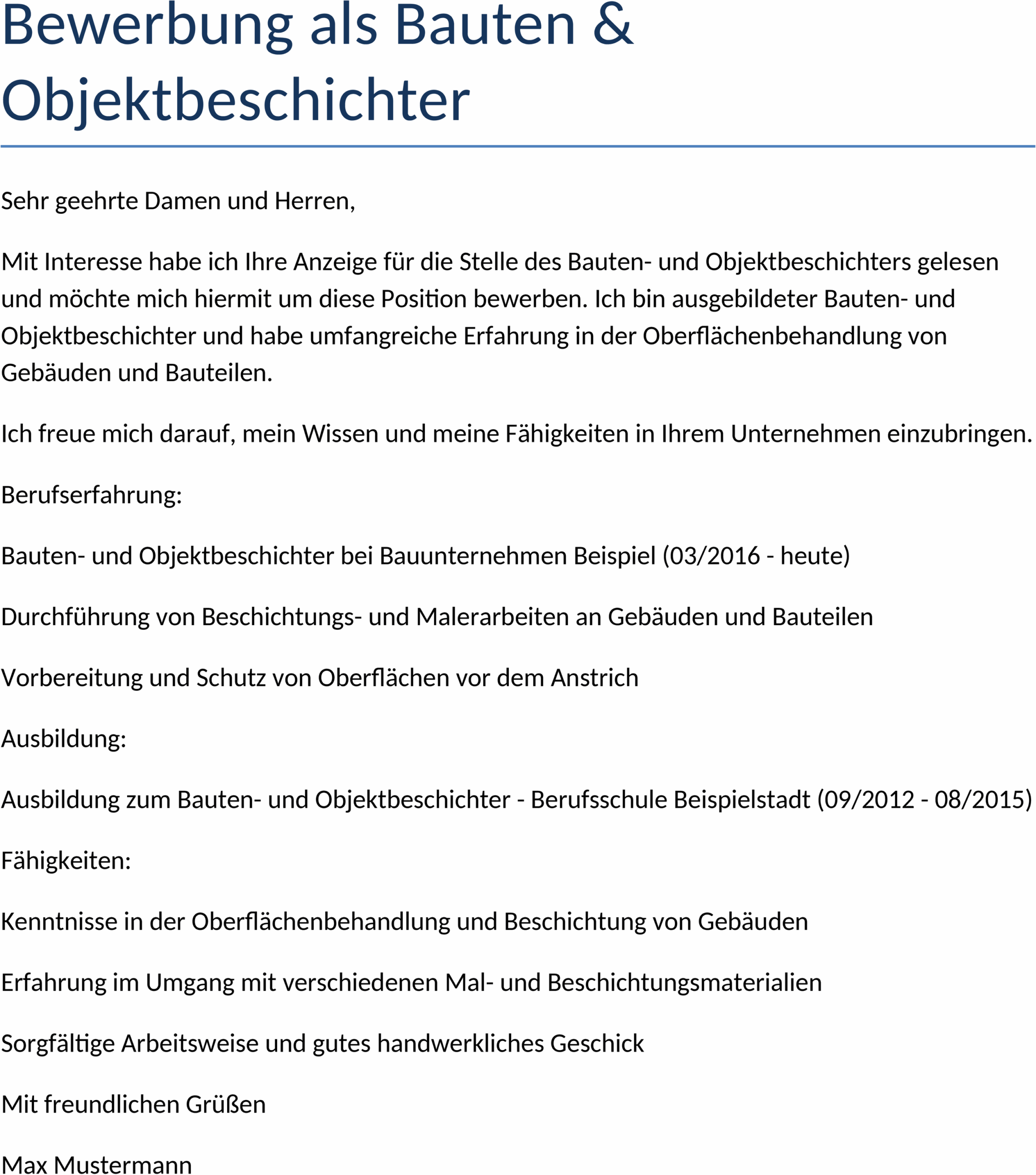 Word-Datei für Bewerbung als Bauten- und Objektbeschichter