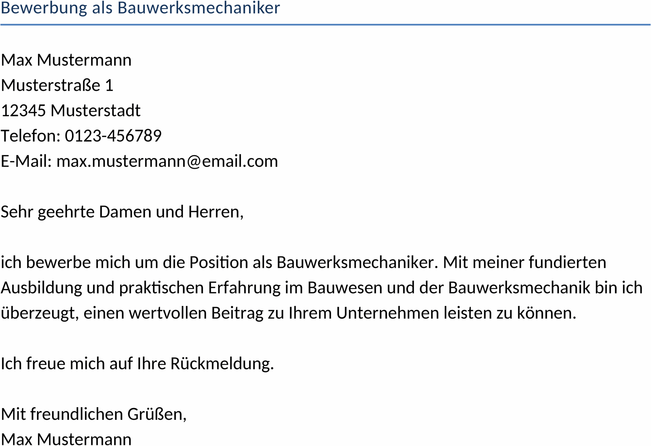Bewerbungsvorlage als Bauwerksmechaniker