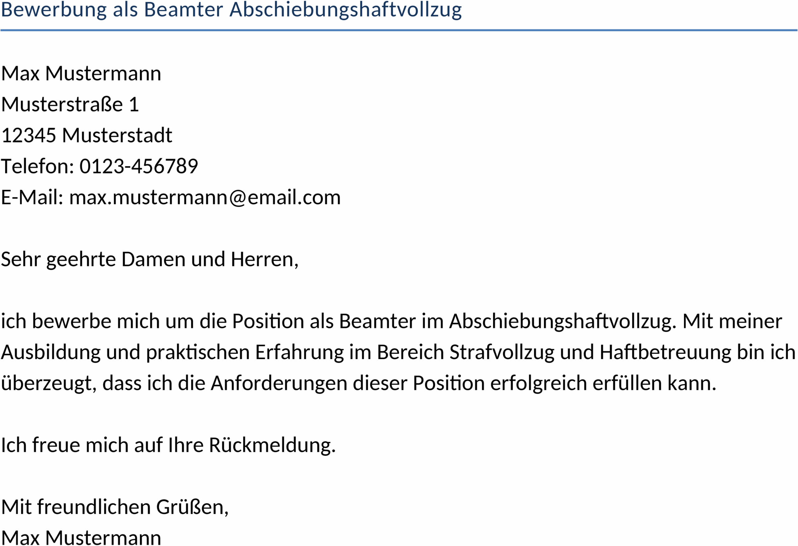 Bewerbungsvorlage als Beamter im Abschiebungshaftvollzug