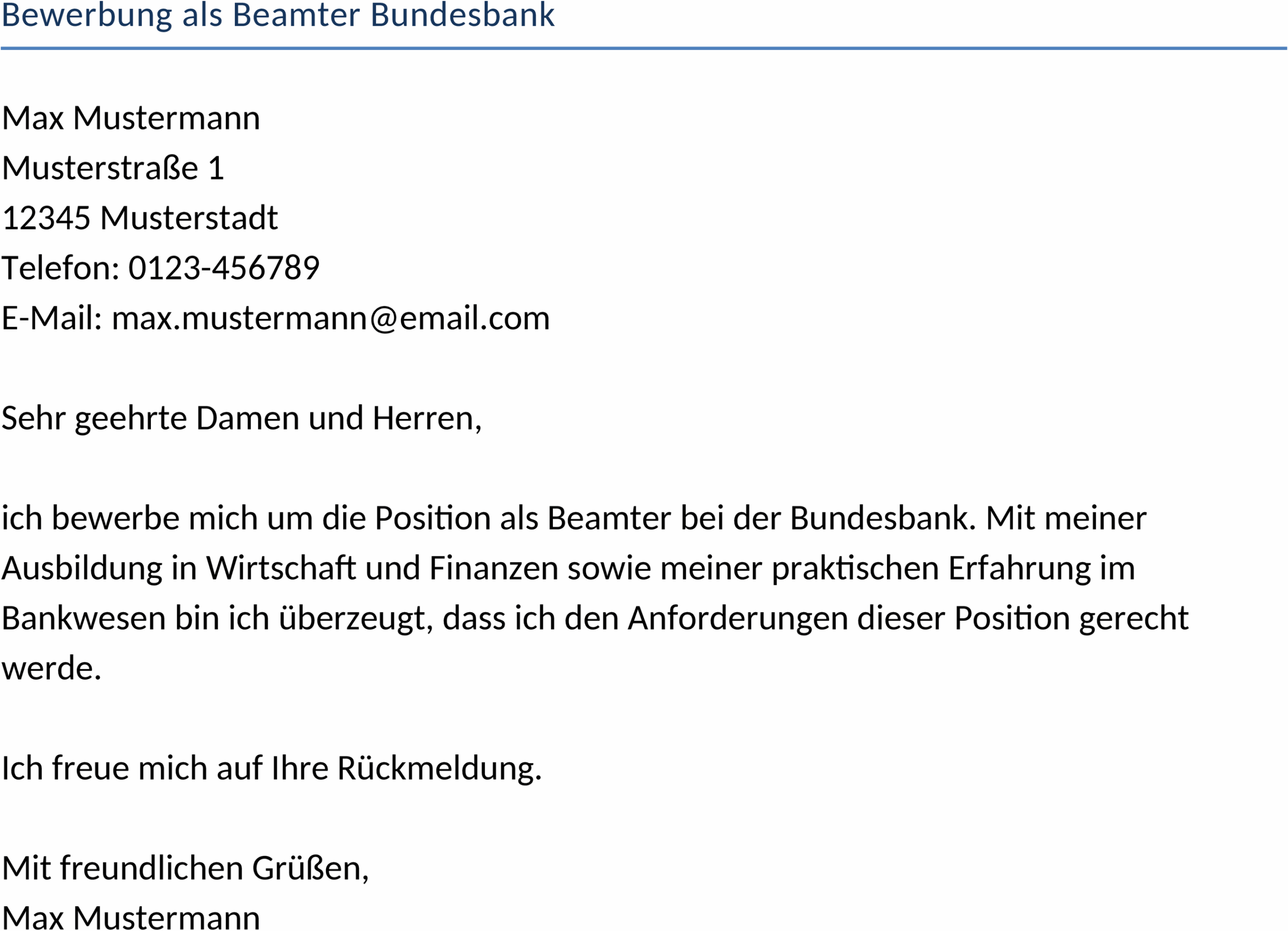 Bewerbungsvorlage als Beamter bei der Bundesbank