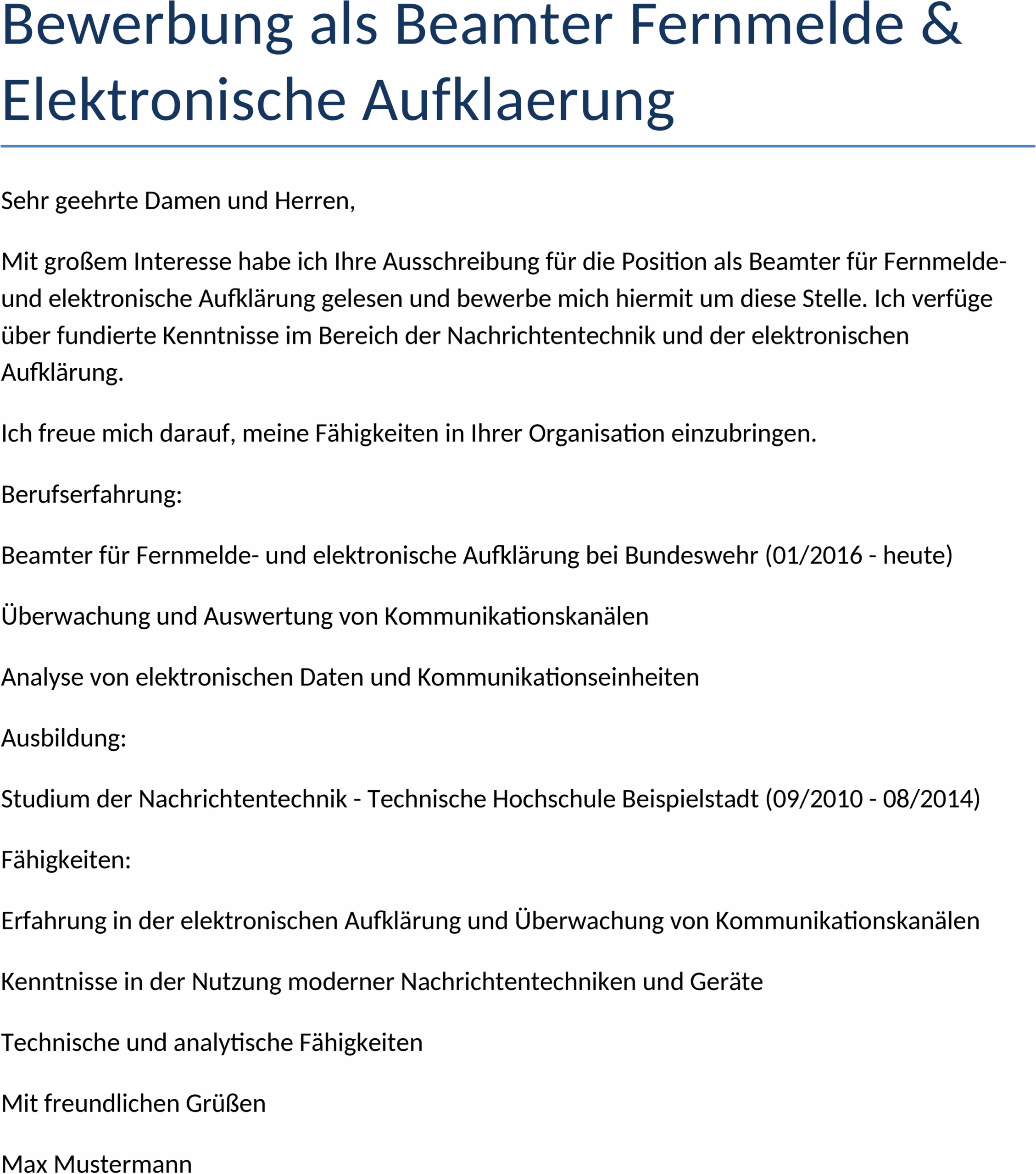 Bewerbung als Beamter Fernmelde Elektronische Aufklärung Word Vorlage