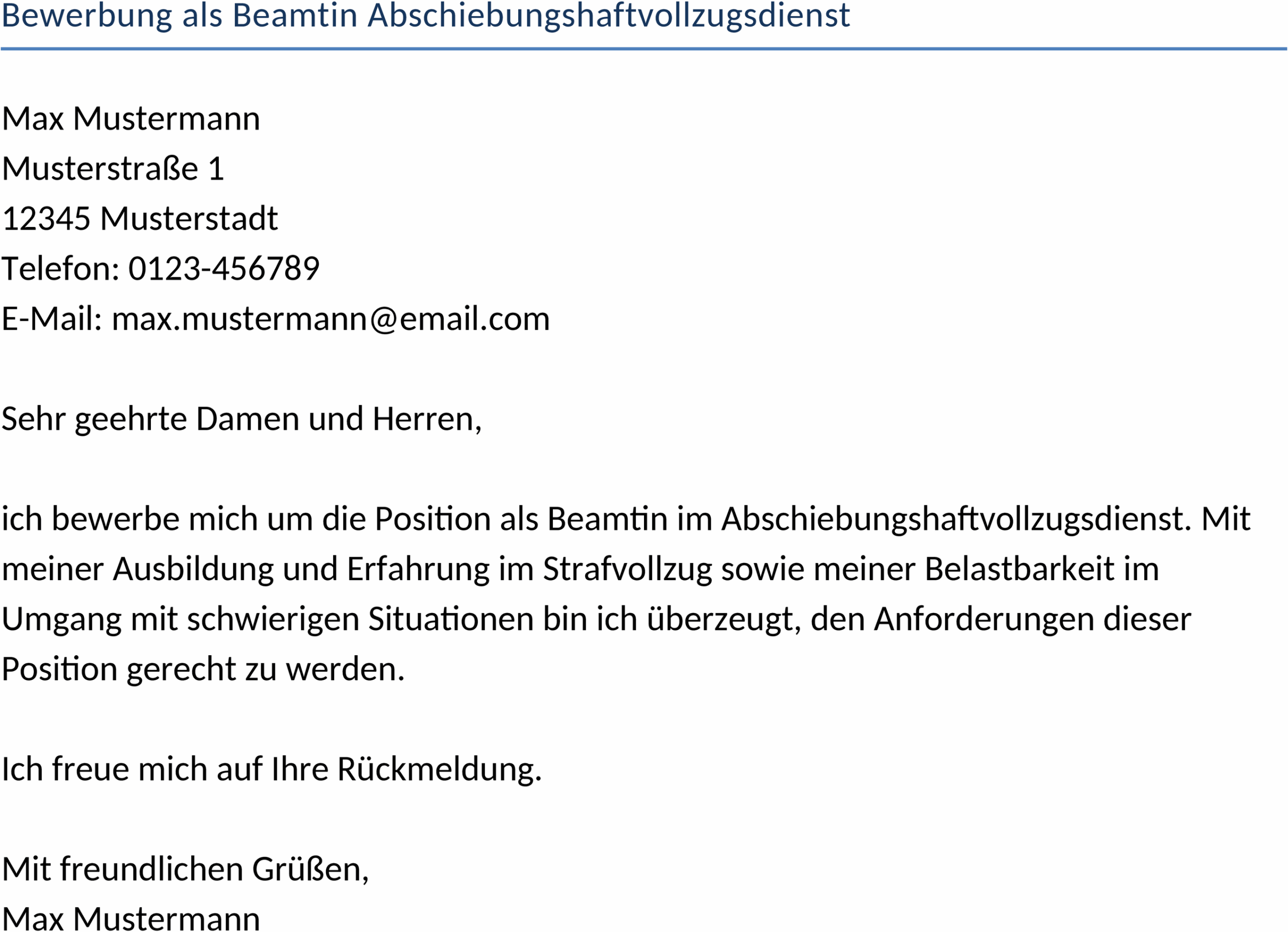 Bewerbungsvorlage als Beamtin im Abschiebungshaftvollzugsdienst