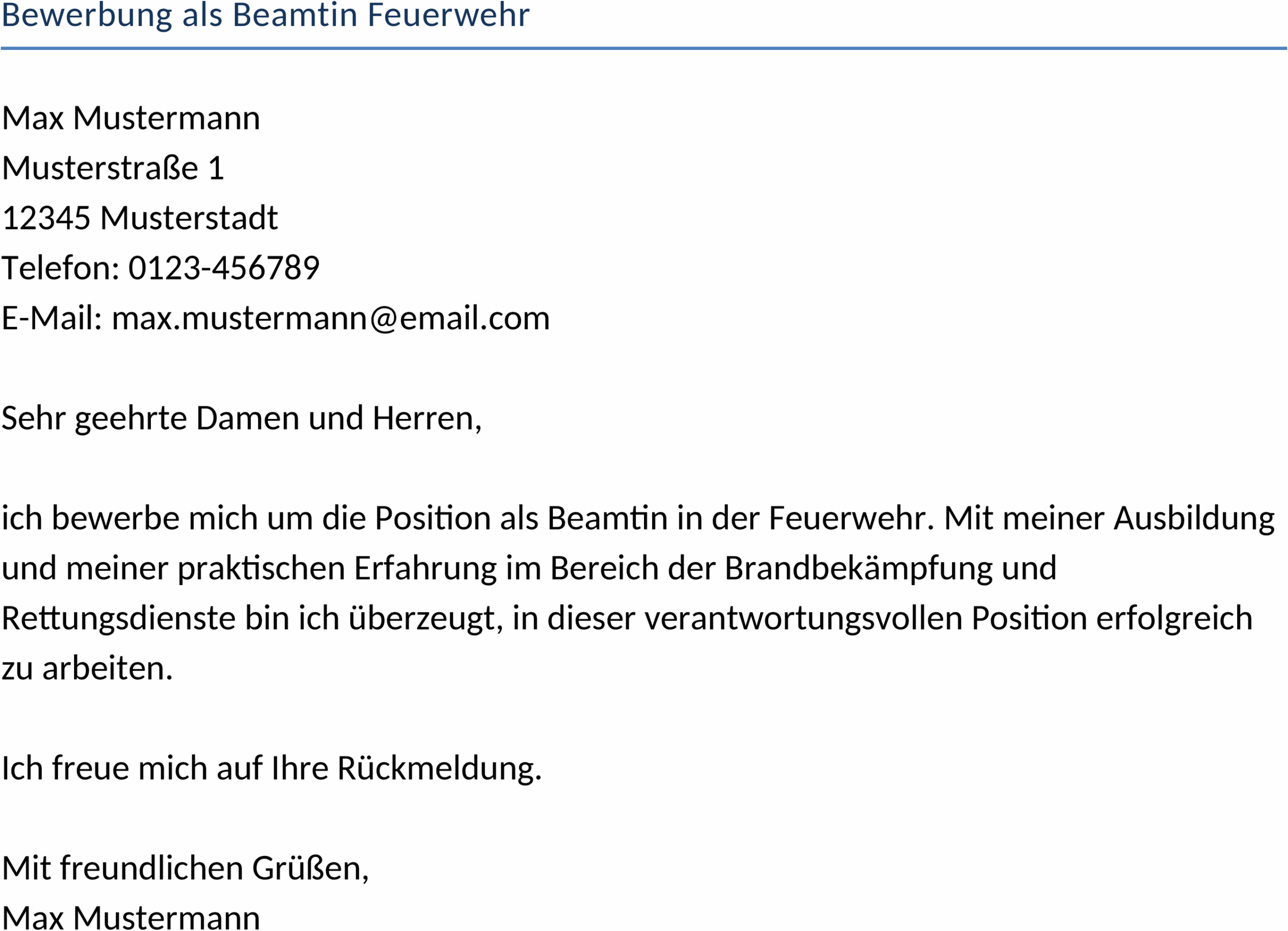 Bewerbung als Beamtin bei der Feuerwehr - Word-Dokument