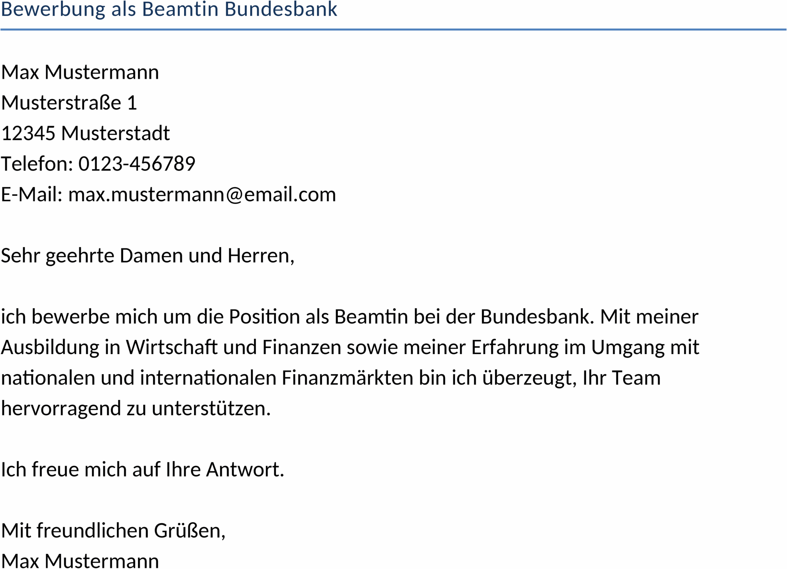 Bewerbungsvorlage als Beamtin bei der Bundesbank