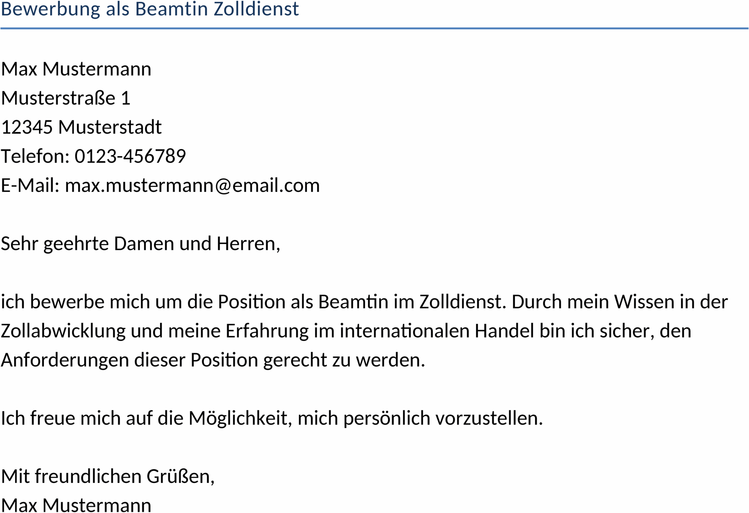 Word-Vorlage für die Bewerbung als Beamtin im Zolldienst