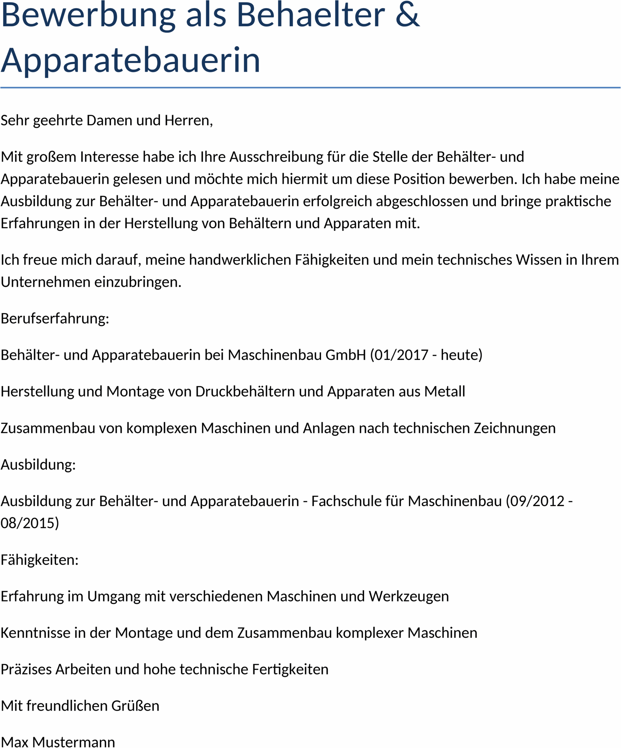 Bewerbungsvorlage als Word-Datei für Behälter- und Apparatebauerin