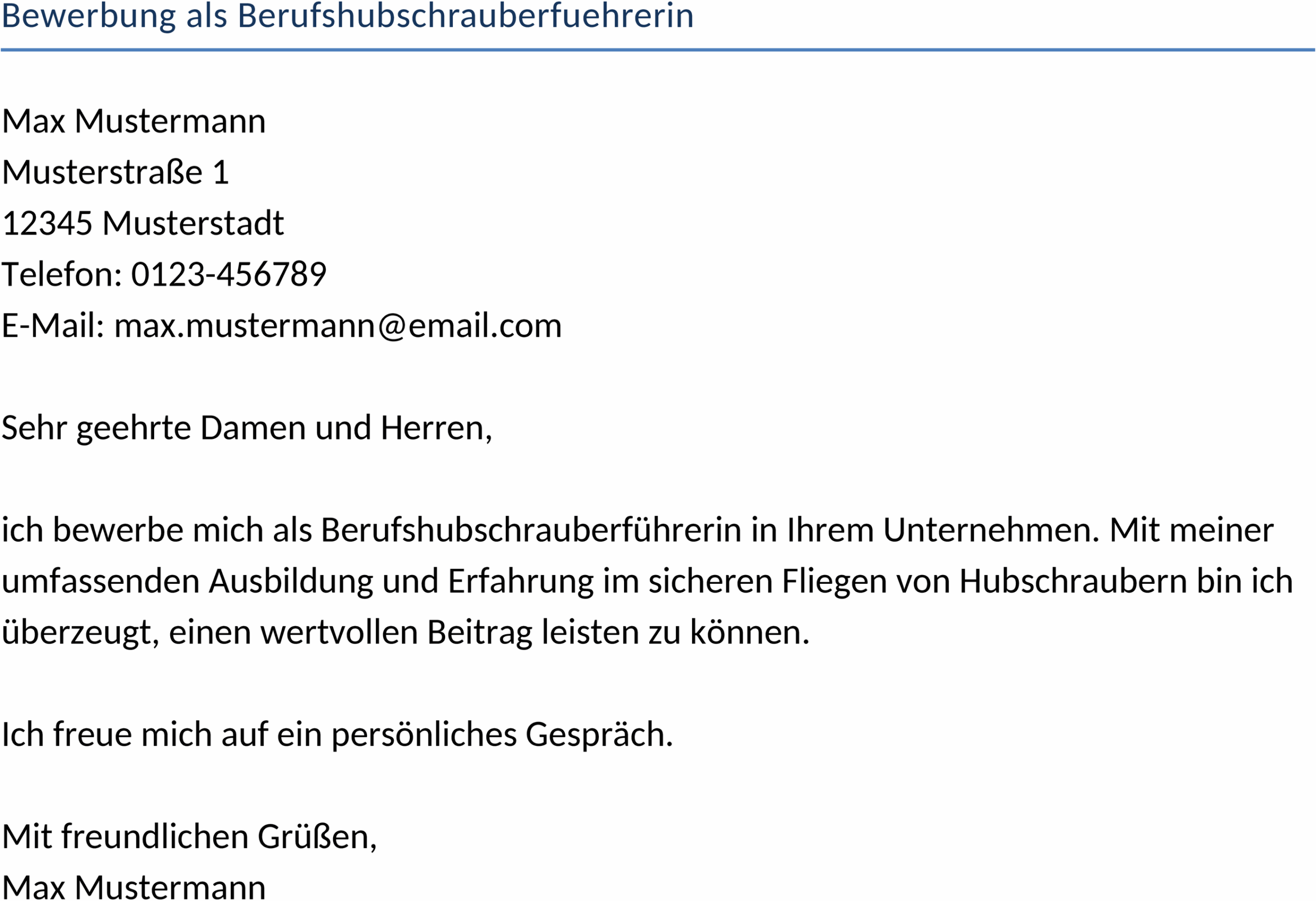 Bewerbung als Berufshubschrauberführerin im DOCX-Format