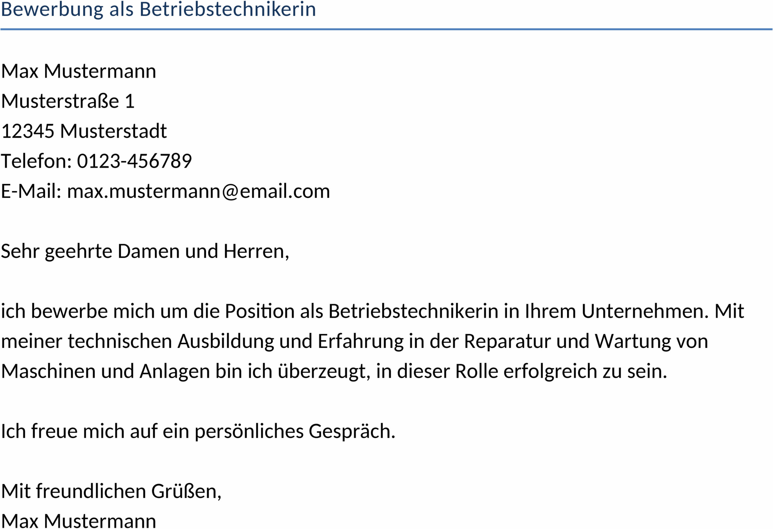 Bewerbungs-Vorlage Betriebstechnikerin