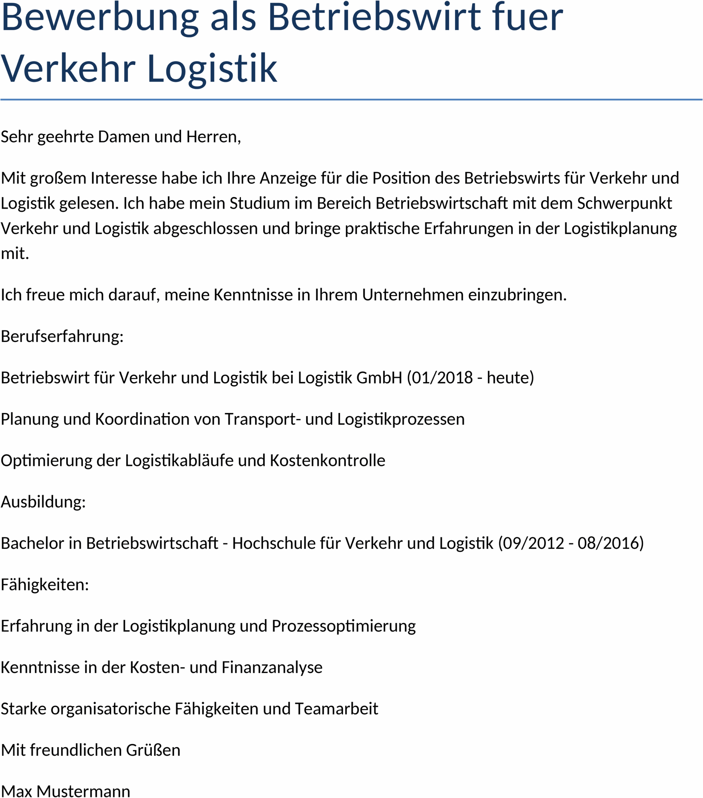 Word-Template für Bewerbung als Betriebswirt im Bereich Verkehr und Logistik