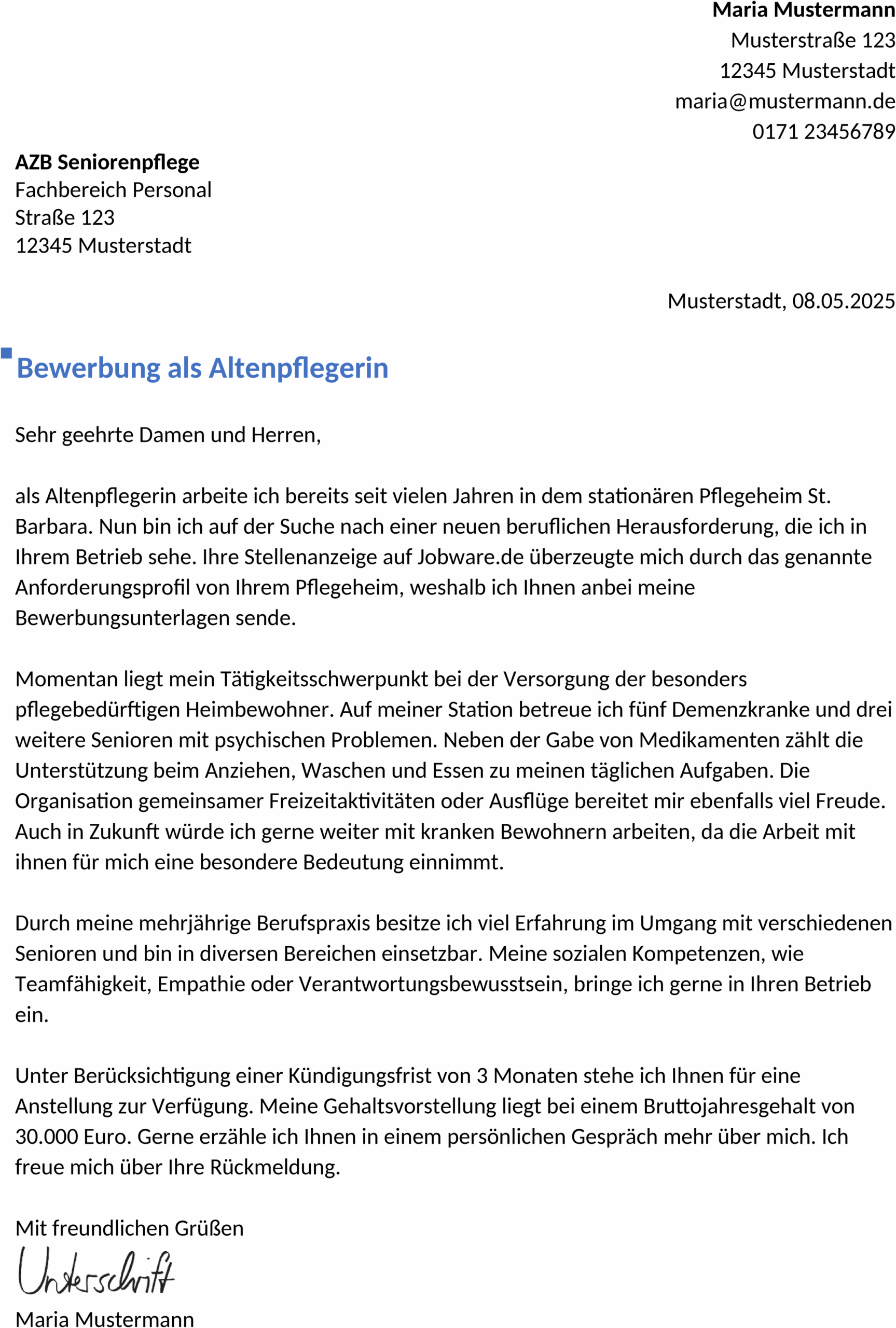 Word-Vorlage Bewerbung Altenpfleger Berufserfahren