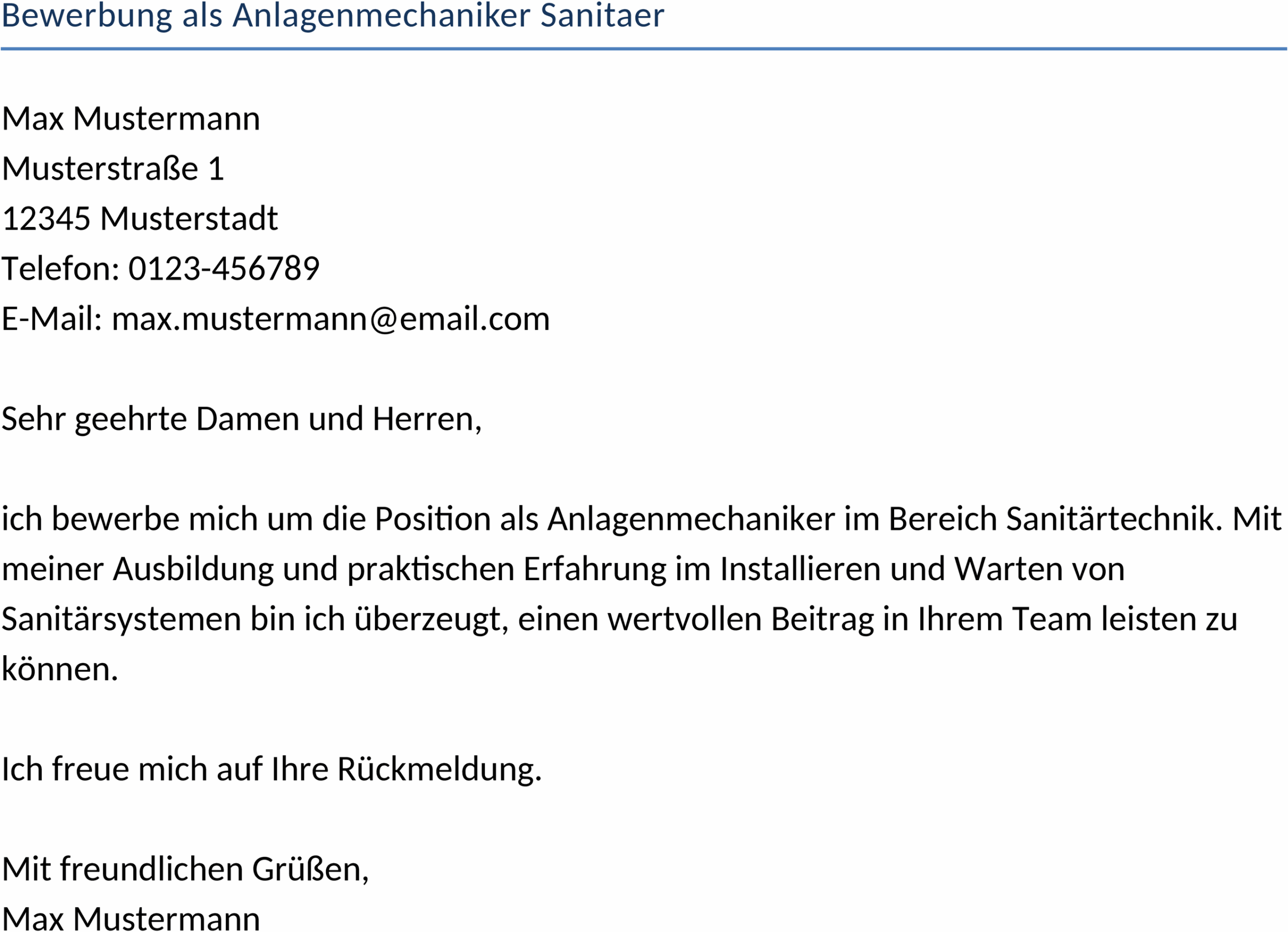 Word-Vorlage Bewerbung als Anlagenmechaniker Sanitär