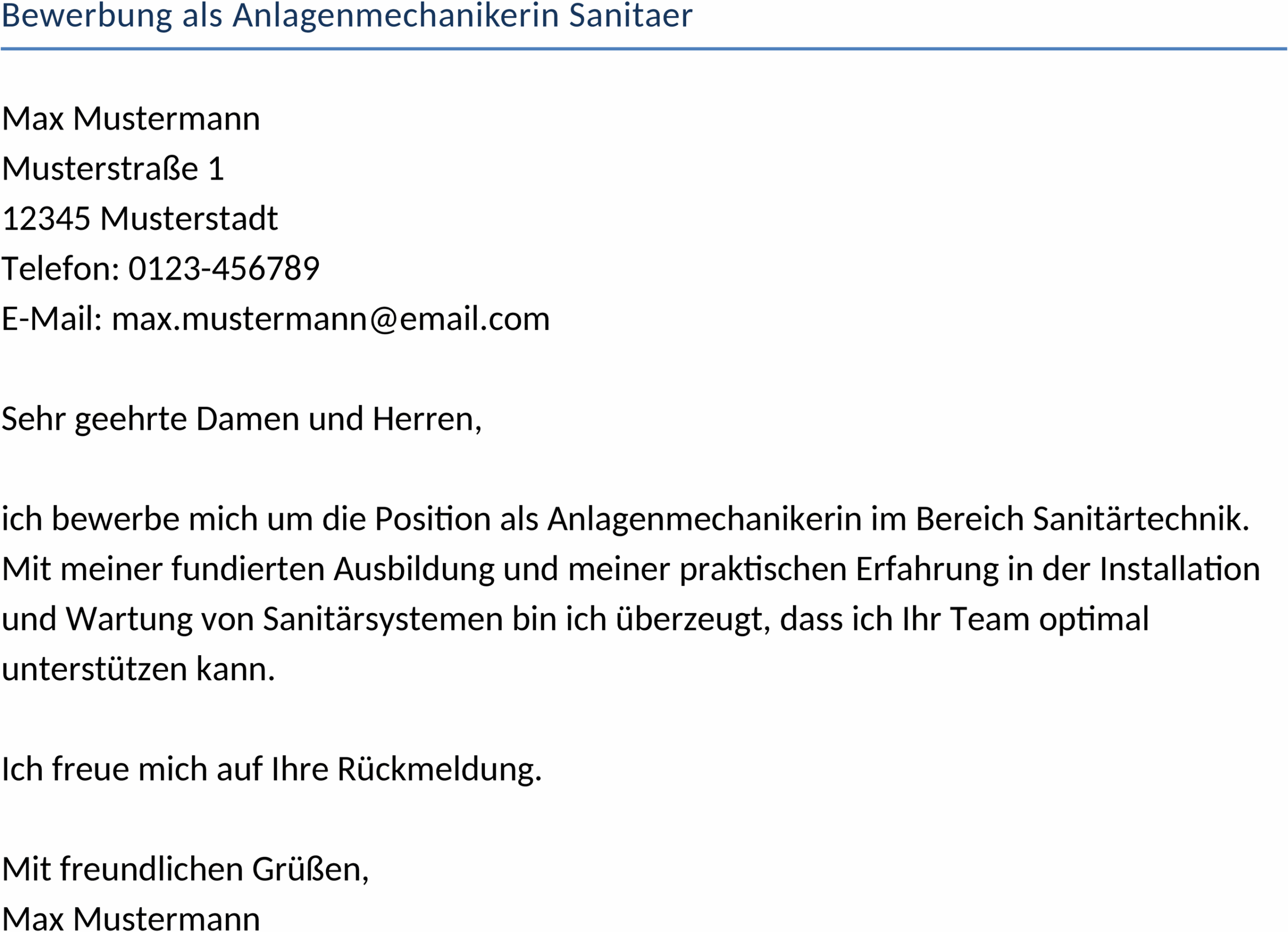 Bewerbungsvorlage Anlagenmechanikerin Sanitär als Word Datei